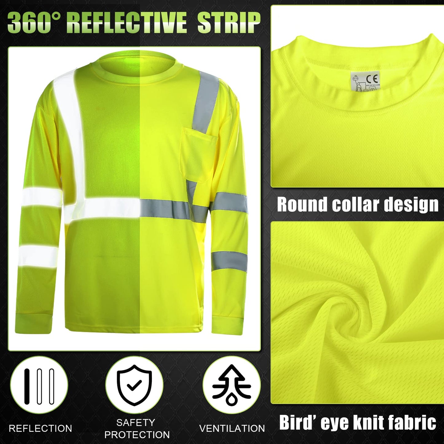 Macarrie 6 Pcs Class 3 Reflective Safety High Visibility Shirt Long Sleeve with Packet Breathable (L)