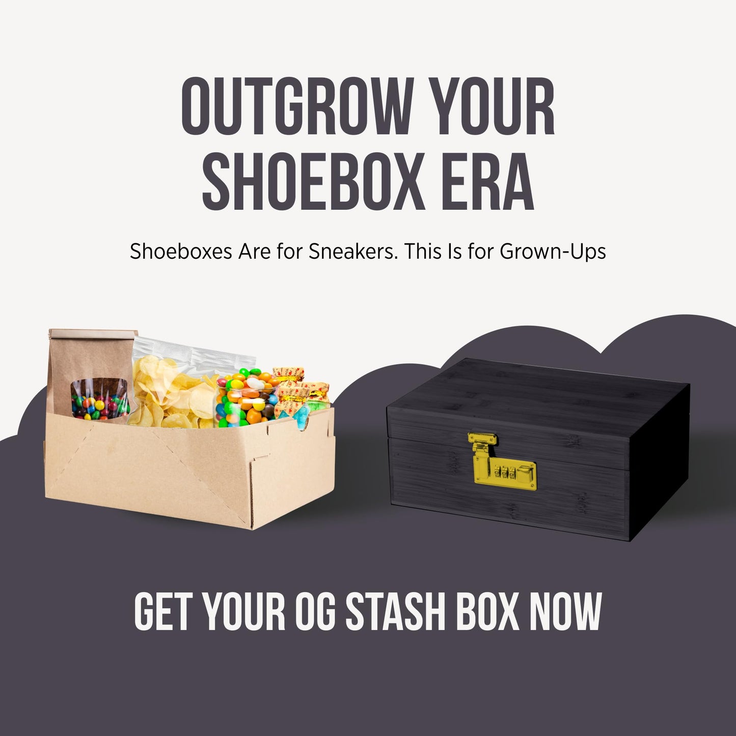 HASHSTASH The OG Storage Box - Large Bamboo Box with Combination Lock, Magnetic Lid, Organizer Tray, Airtight Tube and 3 Jars - Discreet Decorative Locking Wooden Box with Accessories (Black/Gold)