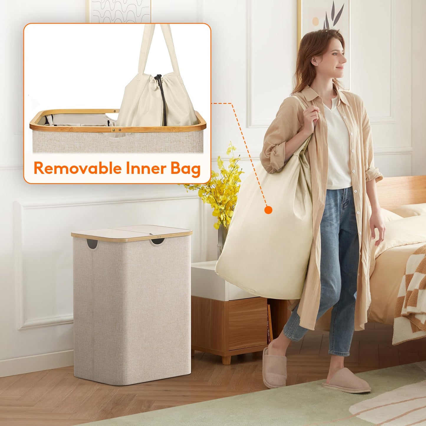 Lifewit 150L Laundry Basket with Lid, Clothes Hampers for Laundry with Bamboo Handles and 2 Removable Bag, Large Foldable Laundry Hamper for Bedroom, Bathroom, Dorm, Laundry Room, Beige