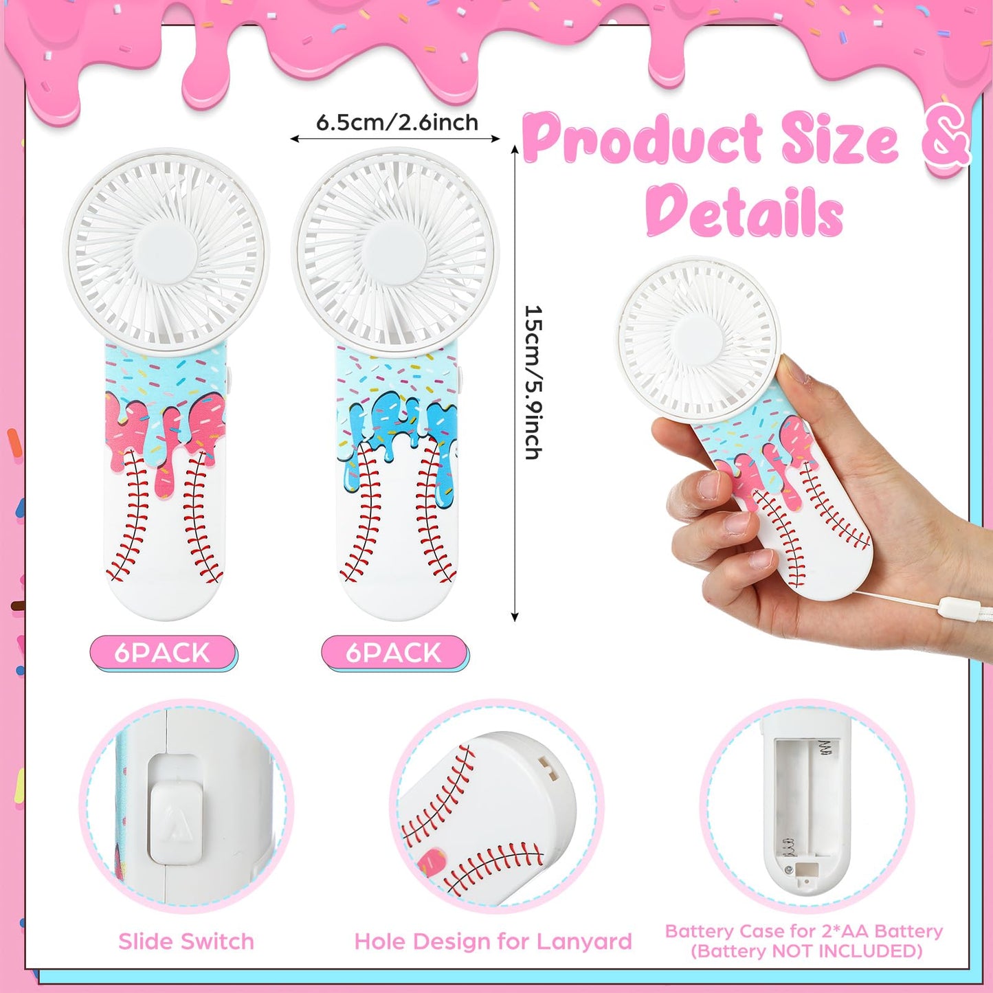 Honoson 12 Pcs Mini Portable Baseball Ice Cream Drip Fan Bulk Small Personal Handheld Fan with Lanyard for Team Gift Game Outdoor Sport Party Favors, Battery Not Include(Pink and Blue)