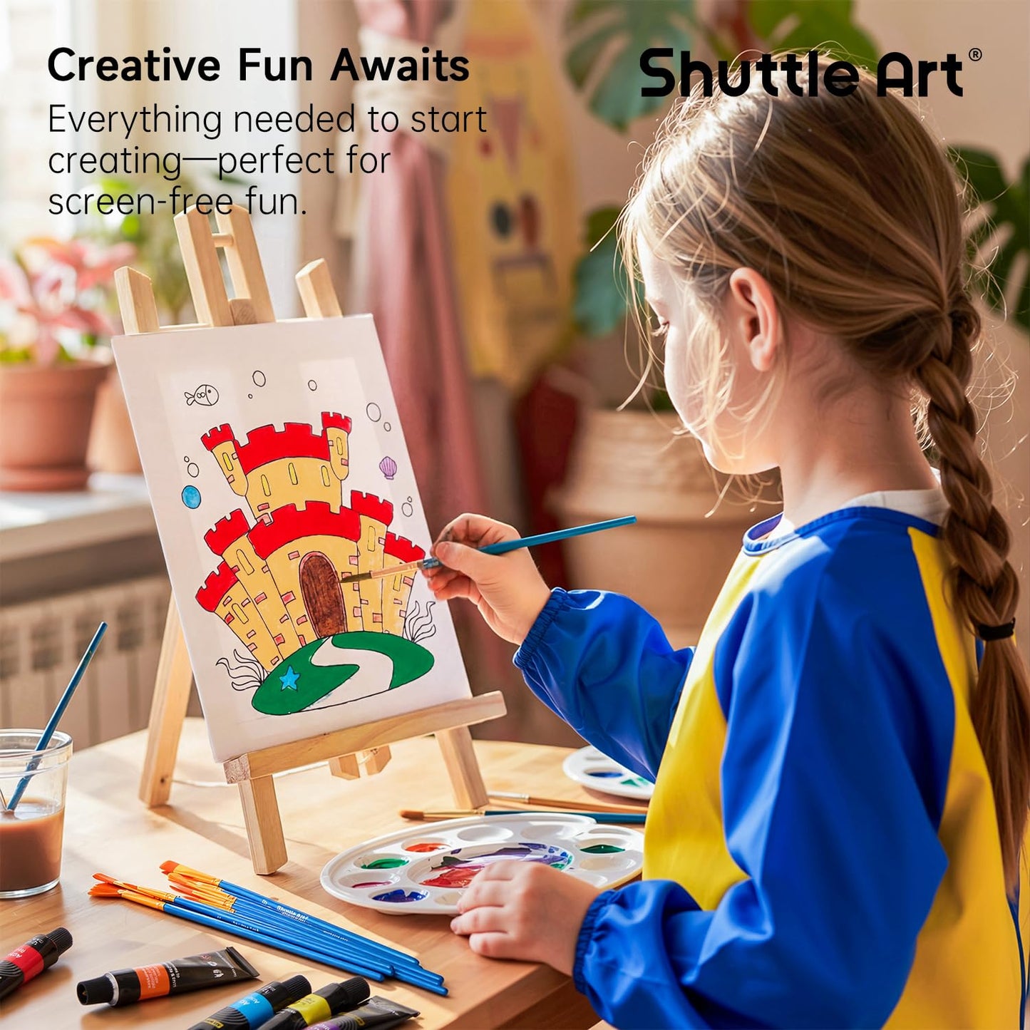 Shuttle Art 69 Pack Kids Paint Set, Art Set for Kids with 30 Colors Acrylic Paint, Wood Easel, Canvas, Painting Pad, Brushes, Palette and Smock, Complete Paint Set for Boys and Girls (package may vary)