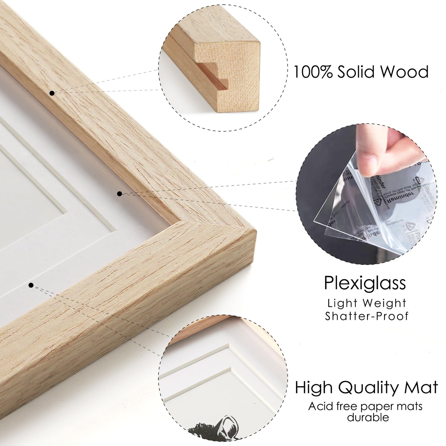 Decobility 16x20 Picture Frames Matted for 11x14 and 12x16 Picture, Solid Wood with Oak Wood Grain, Double Mats Photo Frame with Plexiglass Fits 3 sizes, Tabletop or Wall Mounting Display, Oak