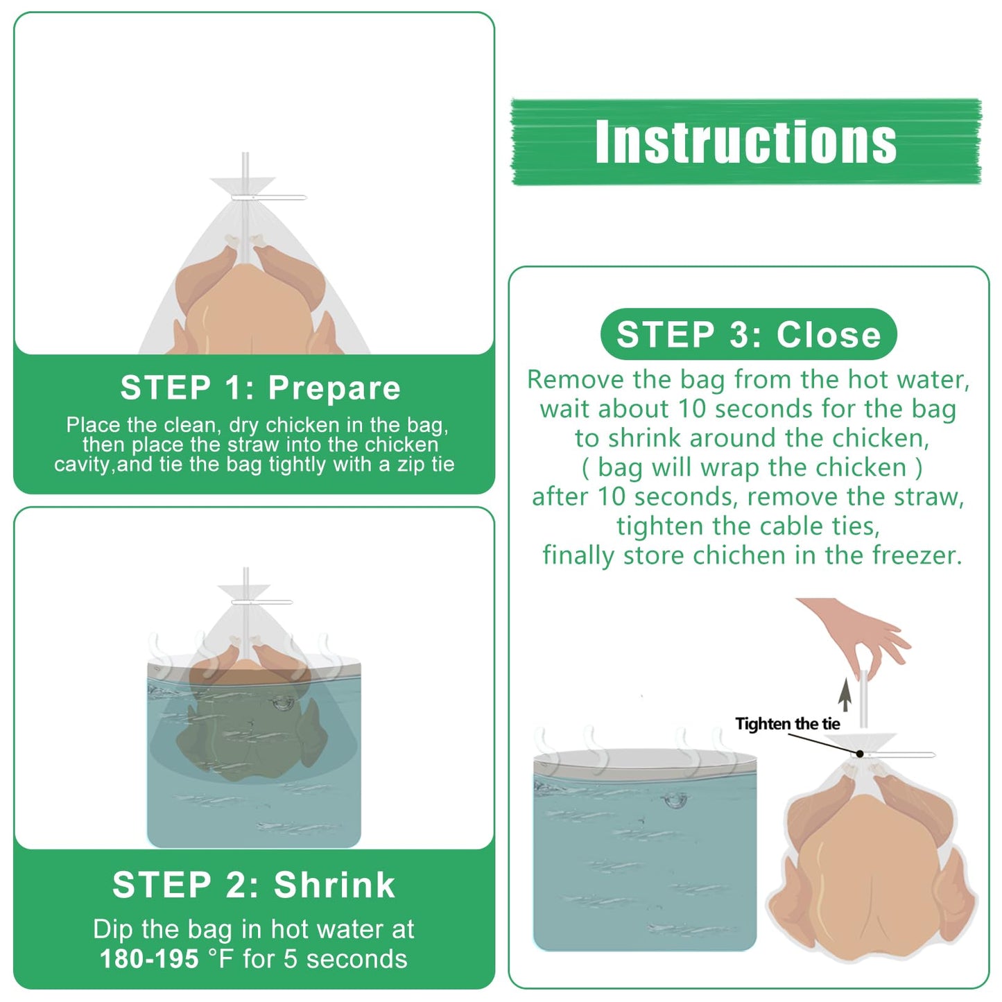 Poultry Shrink Bags(13x18'' - Bulk 100 Pack) BPA Free and Freezer Safe, Heavy Duty Heat Resistant Brining Bags for Turkey, Chicken, Rabbit,Includes 100 Zip Ties + Silicone Straw