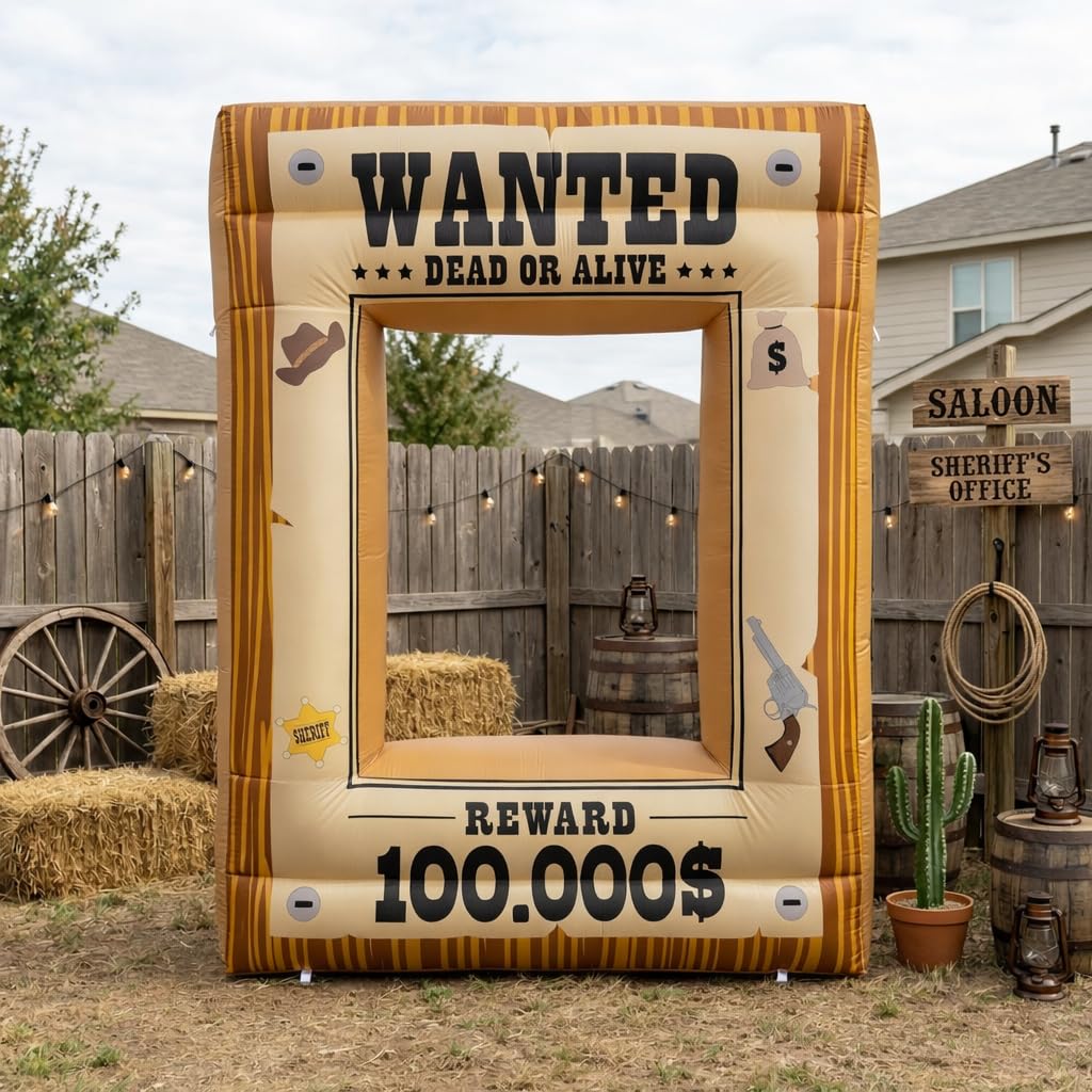 Western Party Decorations 7FT Inflatable Wanted Poster Frame, Rodeo Party Decorations, Wild West Party Backdrop with Western Photo Booth Props for Cowboy Birthday Party