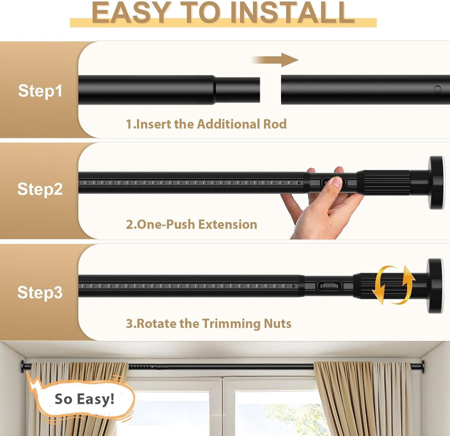 ZipGlo Black Tension Curtain Rod 41-126 In(4-10Ft), Extra Long Outdoor Curtain Rod No Drilling for Window or Bathroom Patio, Adjustable Heavy Duty Shower Rod,Rod Diameter 1.26In (2Pack)