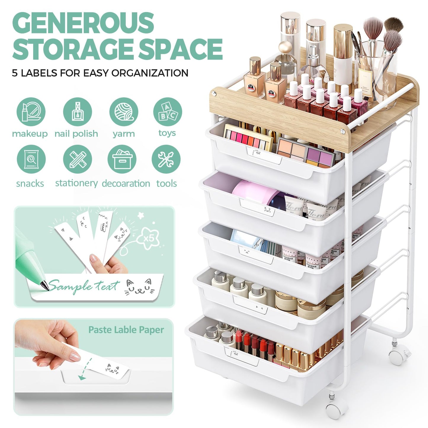 SYKIARIOL Rolling Cart with 5 Drawers,Art Craft Cart,Storage Utility Cart with Wheels,Makeup Organizer with Wooden Tabletop,White