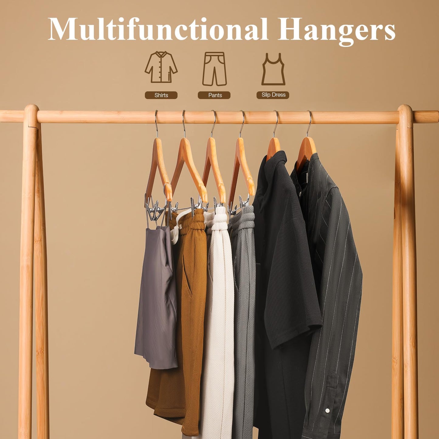 Ulimart Wooden Hangers with Clips 24 Pack Wooden Pants Hangers,Skirt Hangers with Adjustable Clips,Hangers for Pants,Jeans,Slacks,Shorts（Natural）
