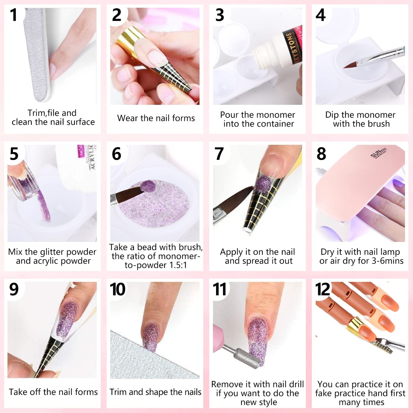 Nail Practice Hand for Acrylic Nails, Flexible Practice Nail Hand Training Kits, Movable Fake Nail Hand to Practice Fake Nails with Nail Drill, Nail Dryer Lamp, 12 Colors Acrylic Powder Beginners Kit