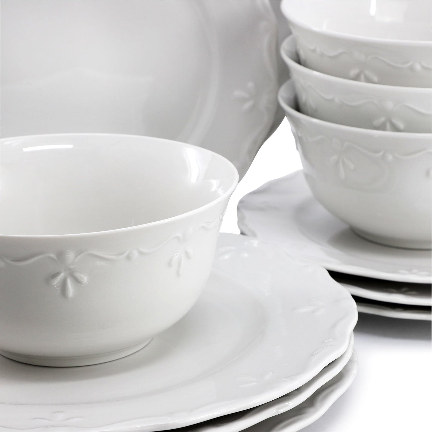 Elama Henryi 18 Piece Embossed Rim Detail Porcelain White Dinnerware Set, Tableware Set, Serveware (18 Piece)