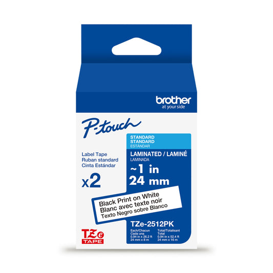 Brother Genuine P-Touch TZe 2-Pack Black Print on White Label Tapes (TZe2512PK), Laminated,1in x 26.2ft (24mm x 8m) Each, for Select P-Touch Label Makers, Durable, Water-Resistant, Indoor/Outdoor Use