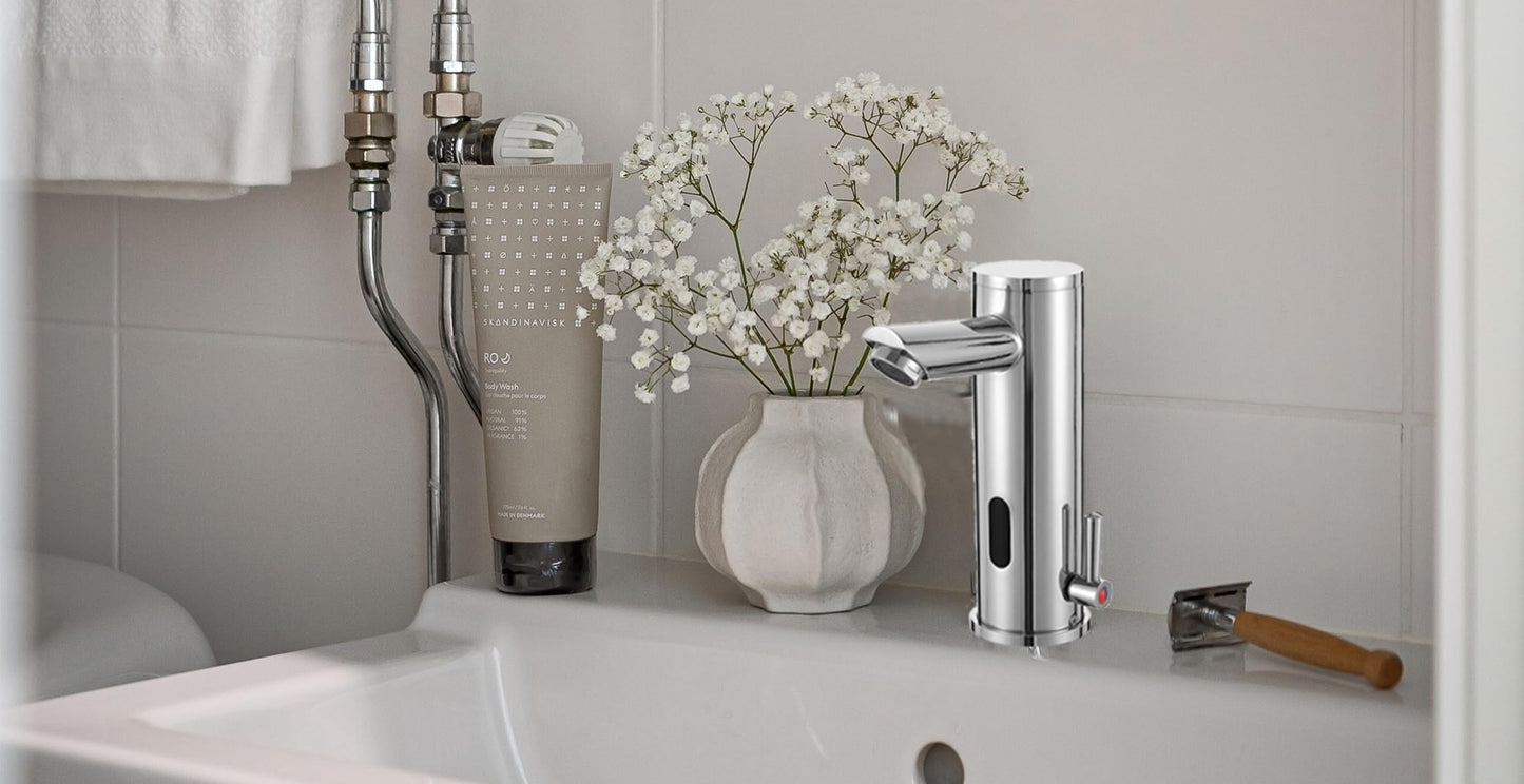Automatic Touchless Bathroom Sink Faucet Sensor Motion Activated Commercial Hands Free Single Tap Temperature Control Adjustable Handle Auto Basin Brass Faucets for Home Vanity Chrome Polished Finish