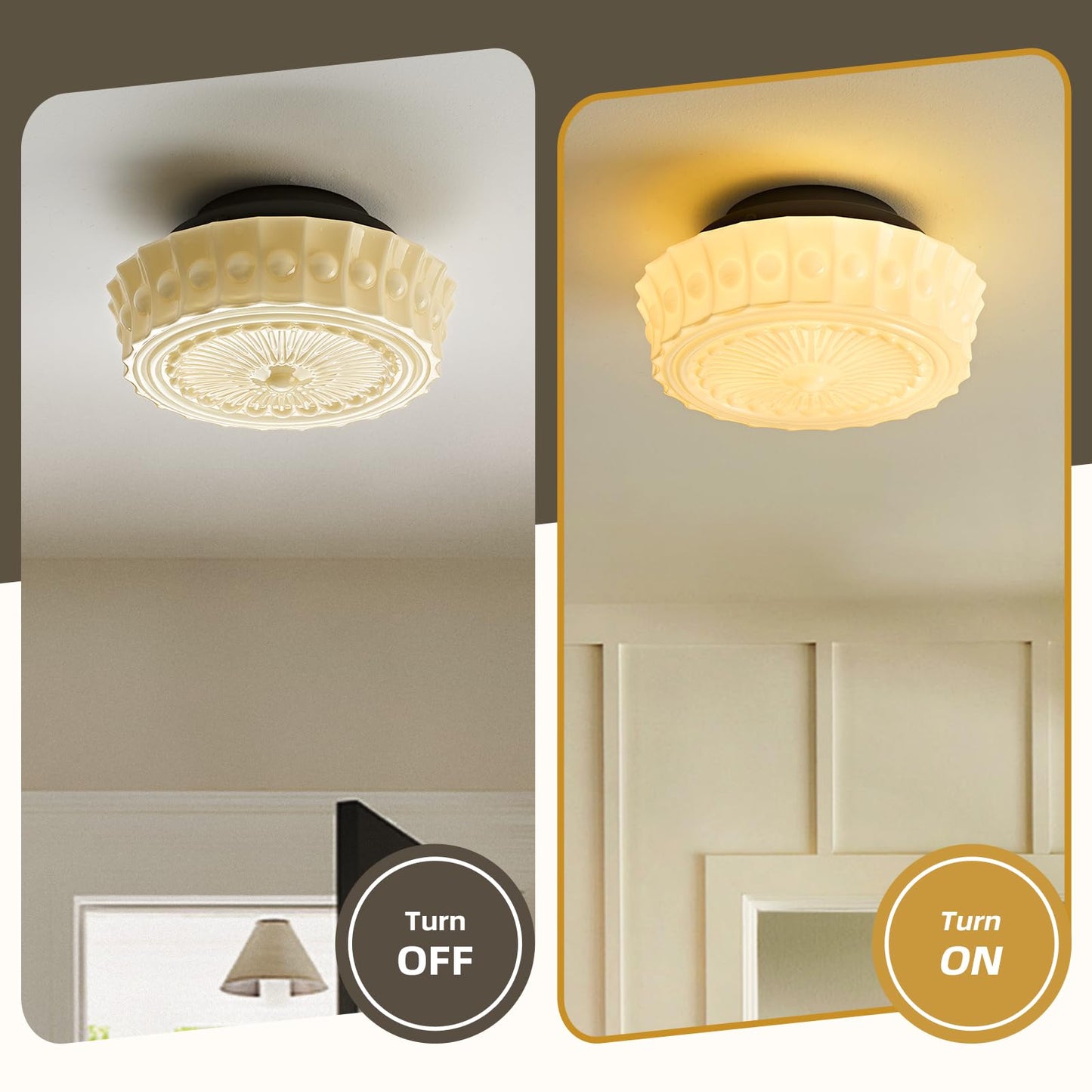Schoolhouse Vintage Glass Ceiling Light - Small 12 Inch Cream Yellow Mid Century Modern Flush Mount Lighting Fixtures - Art Deco Lamp for Bedroom Kitchen Entryway Laundry Hallway Foyer Bathroom Hall
