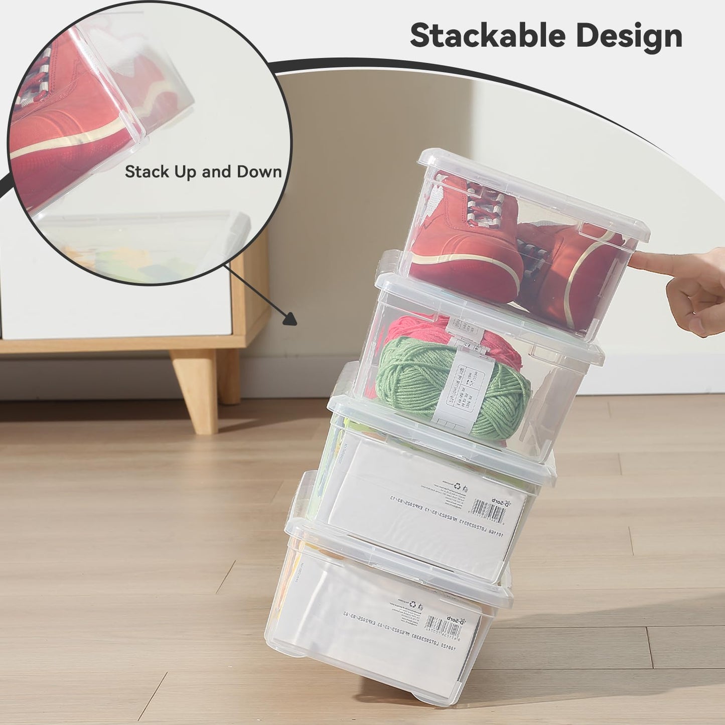 novelinks 12 Pack 6QT Plastic Storage Bins with Lids, Stackable Shoe Storage Boxes Organizer Bins, Craft Organizers and Storage for Shoes Organization (Clear)