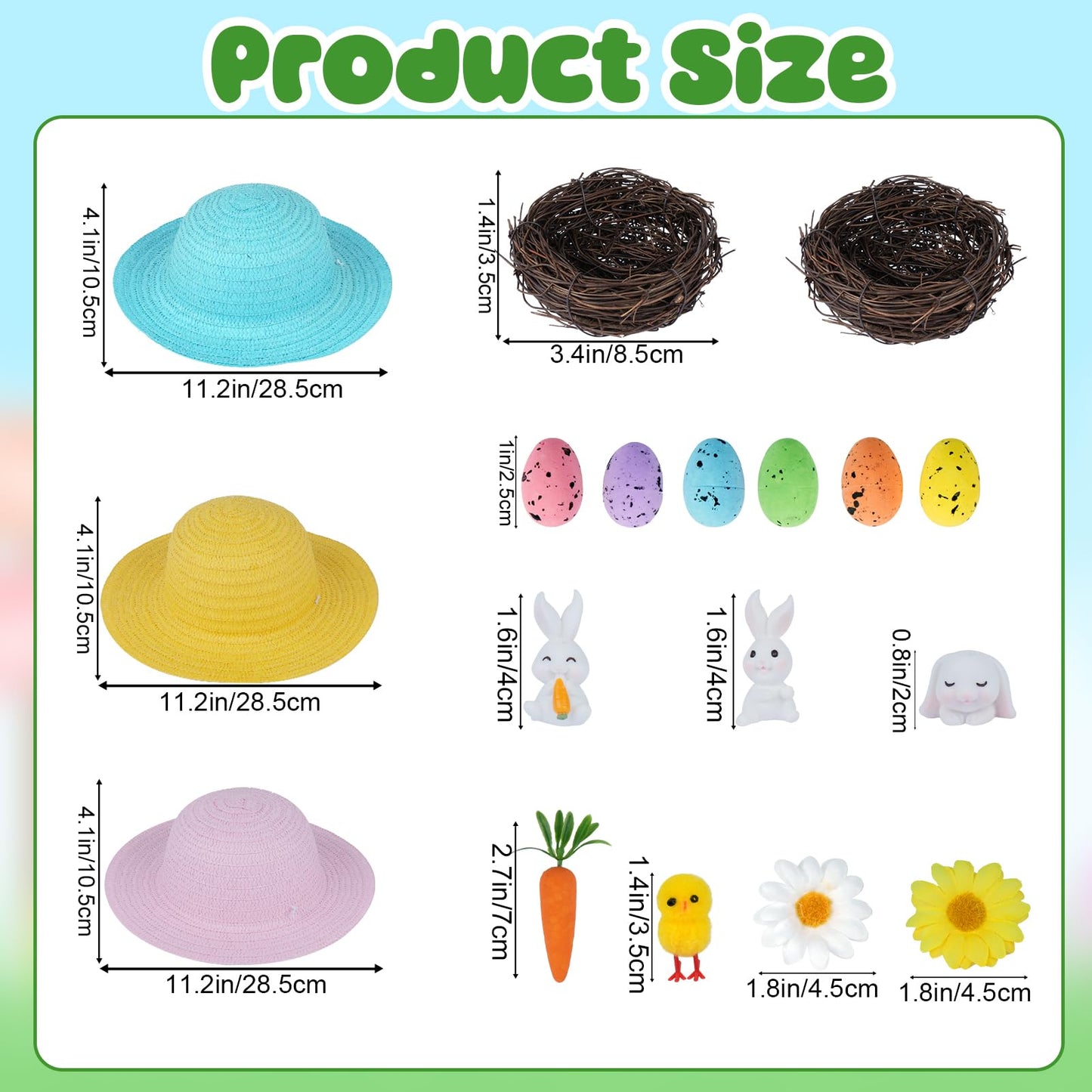 HFYZZ Set of 3 DIY Easter Bonnet Kit - Make Your Own Easter Bonnet Hat Art Project Set Including Straw Hats Chicks Bunnies Carrots Eggs Nests Grass Flowers for DIY Easter Party Decoration