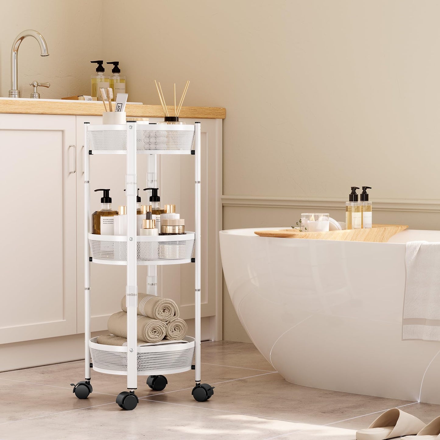 TOOLF 3-Tier Foldable Rolling Cart, Collapsible Metal Utility Cart with Wheels, No Assemble, Multifunction Storage Organizer Trolley for Kitchen, Bathroom, Dorm, Nursery, White