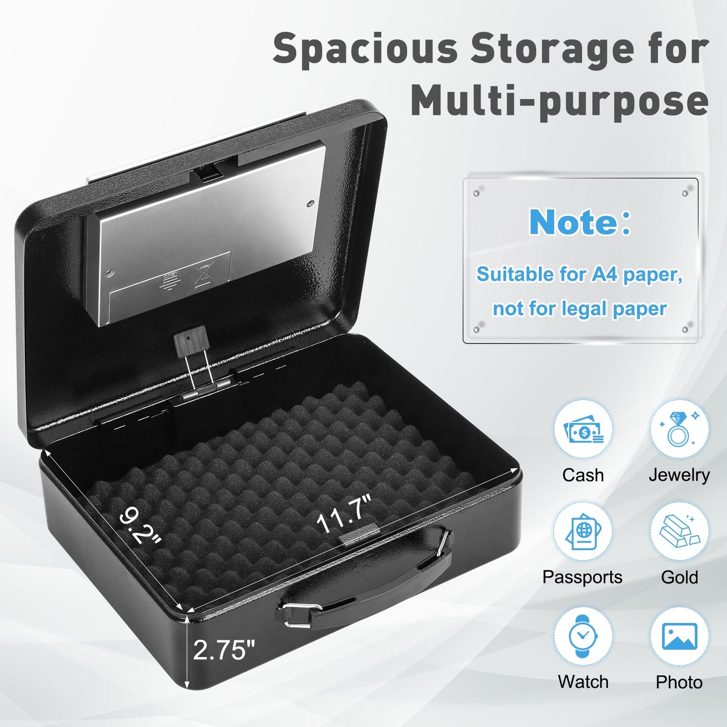 KYODOLED Safe Box with Digital Keypad Lock, Lock Box with Code for Personal Items, Metal Security Box for Cash, Passport, Jewelry, Ideal for Home, Office, Garage Sale, 11.8'' x 9.4'' x 3.5'', Black