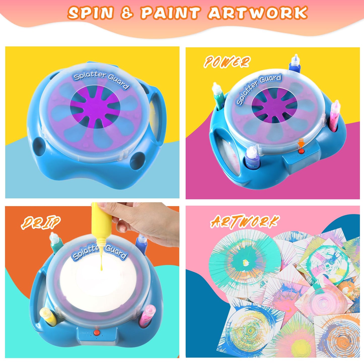 Spin Art Machine Variable Speed, Battery Operated Spinner - Paint Spinner with Splatter Guard, Washable Paint, Spin Art Kit, Stem Toys, Arts and Crafts