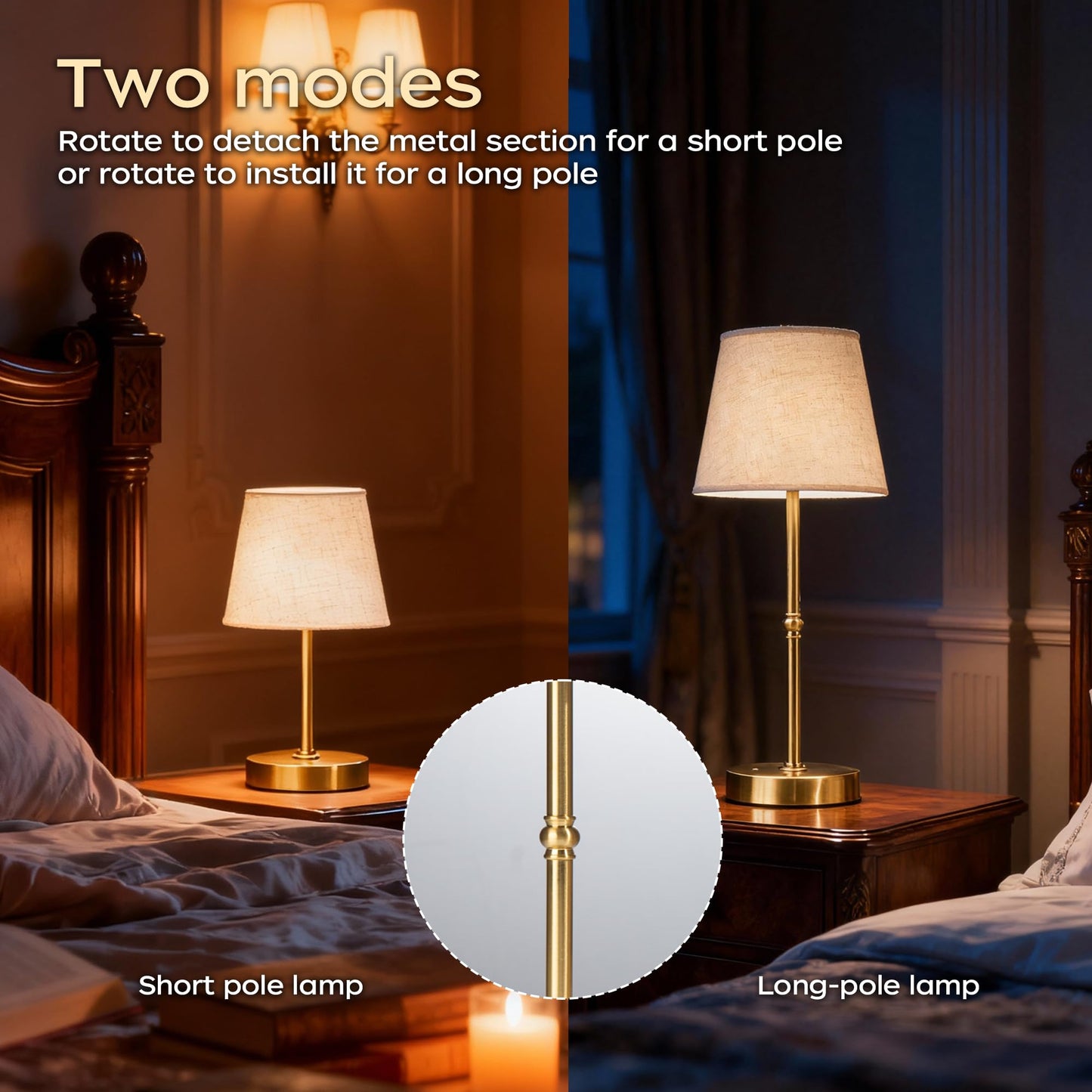 Cordless Table Lamp Rechargeable, 6000mAh Battery Operated LED Lamp with USB-C, Touch Control Stepless Dimmable Small Gold Fabric Lamp for Kitchen Counter, Small Spaces, Bedroom, Living Room 2PCS