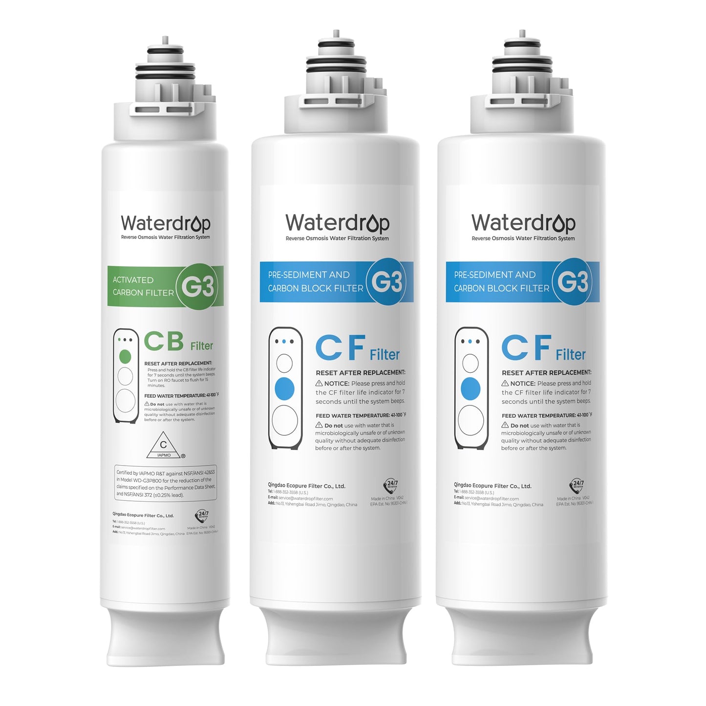 Waterdrop G3 Replacement Filter 1-Year Combo, Pack of 2 WD-G3-CF Filters and 1 WD-G3-CB Filter, Replacement for WD-G3-W, WD-G3P600 and WD-G3P800-W Reverse Osmosis System