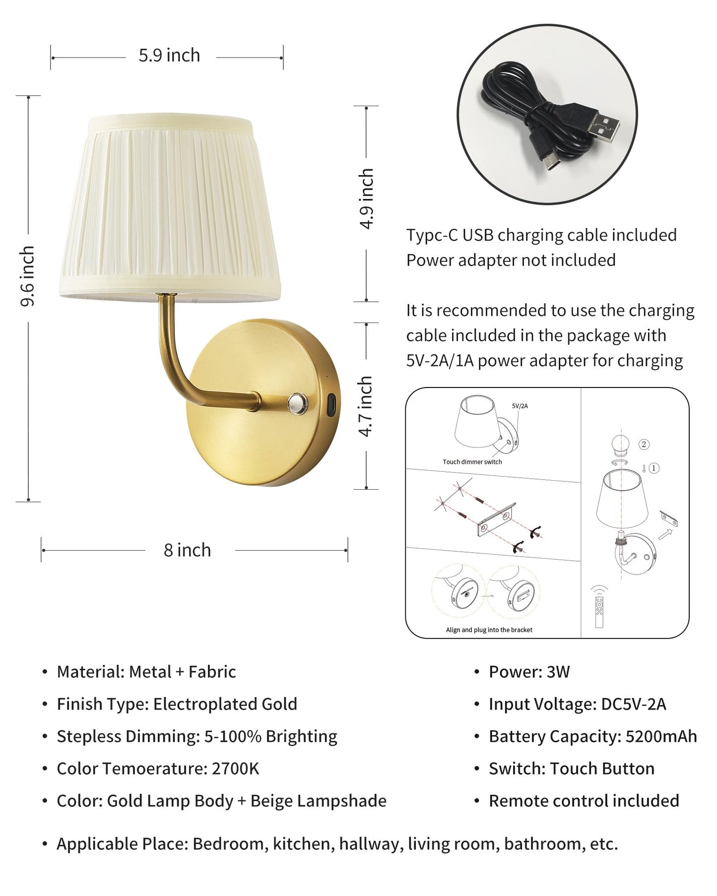 PUSU LED Cordless Gold H9.6 inch Small Wall Sconces Set of 2, Rechargeable 5200mAh Battery Operated Fabric Wall Lamp with Remote, Lighting for Living Room, Bedroom, Hallway, Bathroom, Stairs, Kitchen