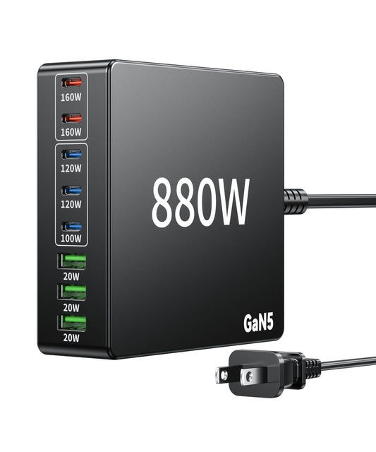 880W USB C Charger Block Charging Station 8 Port Fast Chager 140W PD PPS AVS HUB Laptop MacBook Charger Compatible with All iPhone 17 Pro Max/17 Air/16 SE/Samsung Galaxy 25/ MacBook Pro/Air/iPad Pro