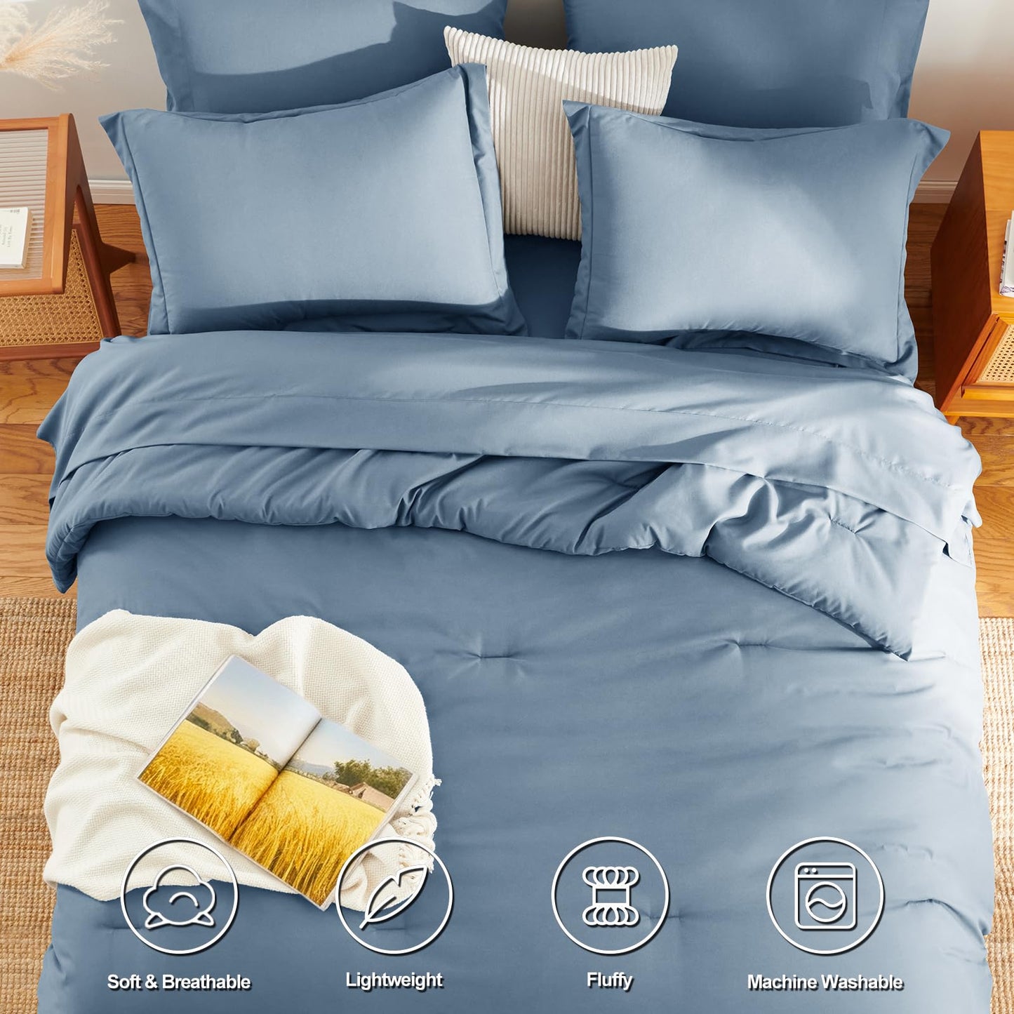 HIMEET Queen Size Comforter Sets - 7 Pieces Bed in a Bag Queen, Luxury Comforter Set with Sheets for All Season, Bed Set with Comforter, Flat Sheet, Fitted Sheet, Pillowcases & Shams, Grayish Blue