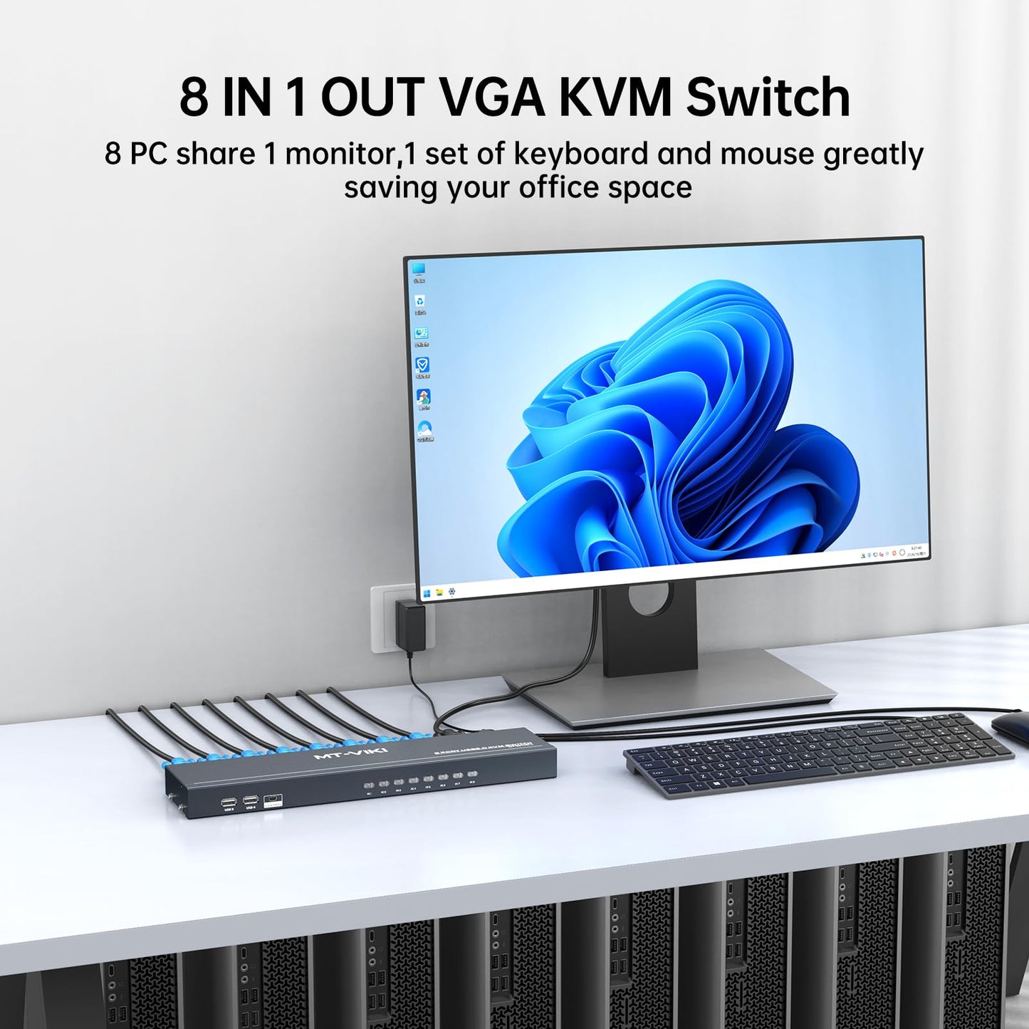 MT-VIKI KVM Switch 8 Port, 8X1 Rackmount KVM Switch VGA, Included 8 2-in-1 KVM Cables & Wire-Desktop Selector & Power Adapter, Fit 1U 19'' Rack