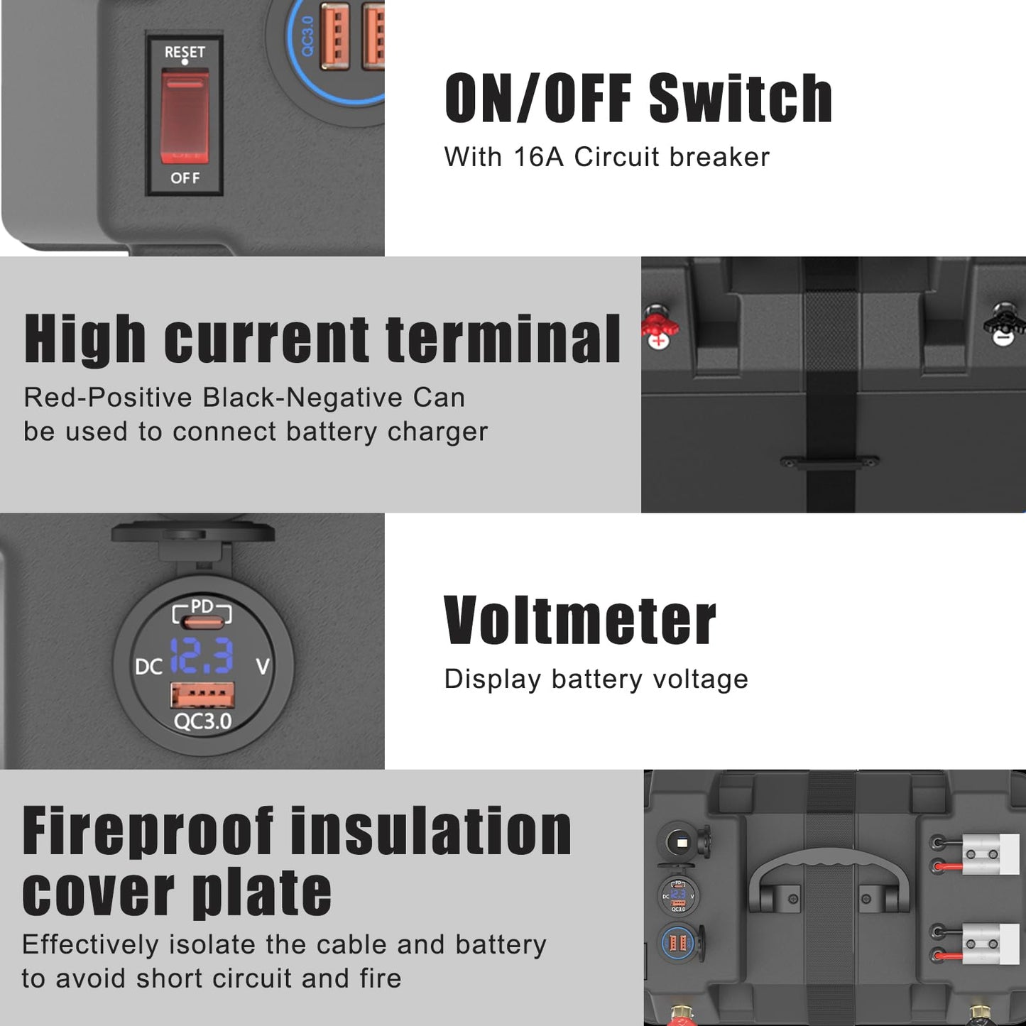 POWO Carlife Smart Battery Box Power Center with USB and DC Ports, Group 24-31 Battery Box for RV, Trailer, Boat, Lifepo4, Lithium