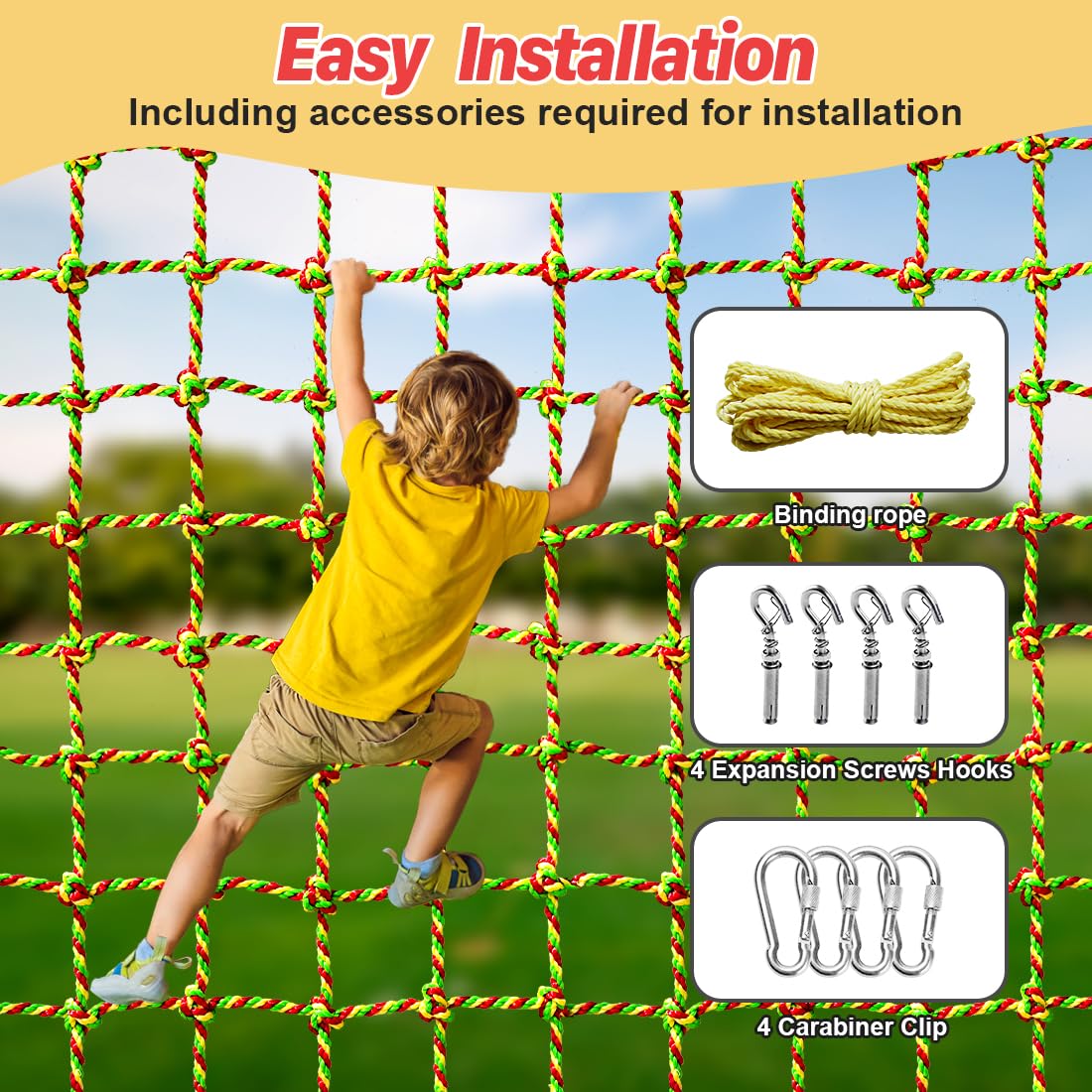 LAKNUAL Climbing Net, 3.3ft X 6.6ft Polyester Climbing Cargo Net for Kids Outdoor, Heavy Duty Large Military Playground Equipment, Rope Ladder, Swingset, Indoor & Outdoor, Treehouse, Jungle Gyms