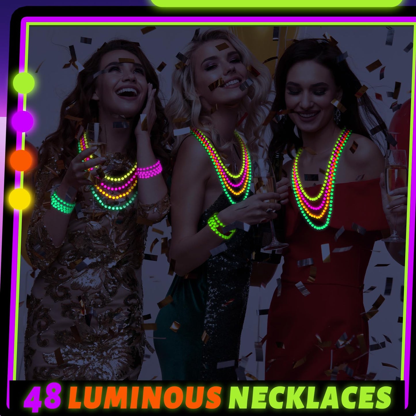 Ecally 96 Pieces Glow in the Dark UV Neon Bead Necklaces Glow Party Supplies 80s UV Black Light Neon Accessories Necklaces Bulk for Birthday Decorations Wedding Party Halloween