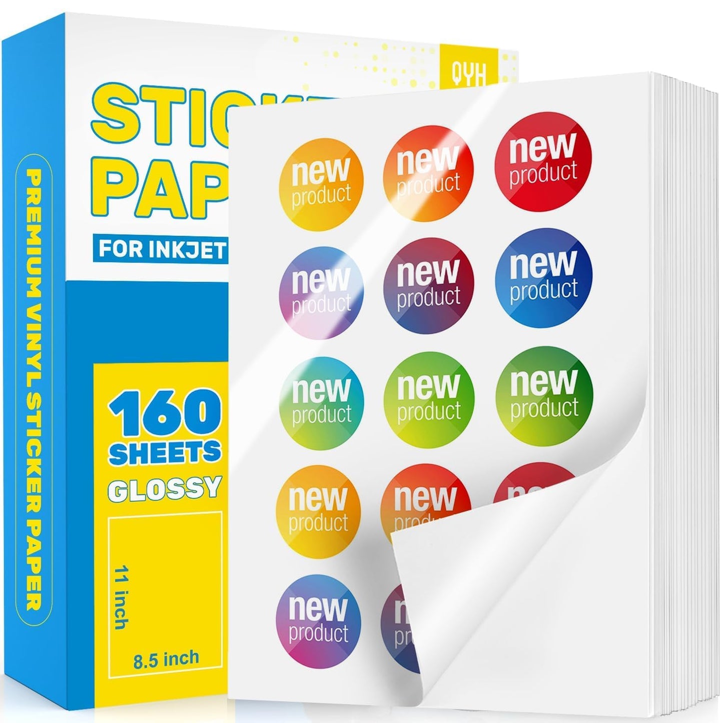 QYH Glossy Sticker Paper for Inkjet & Laser Printer - 160 Sheets Waterproof Printable Vinyl, Compatible with Cricut/Silhouette, Vivid Prints for DIY Crafts, Small Business 8.5x11in