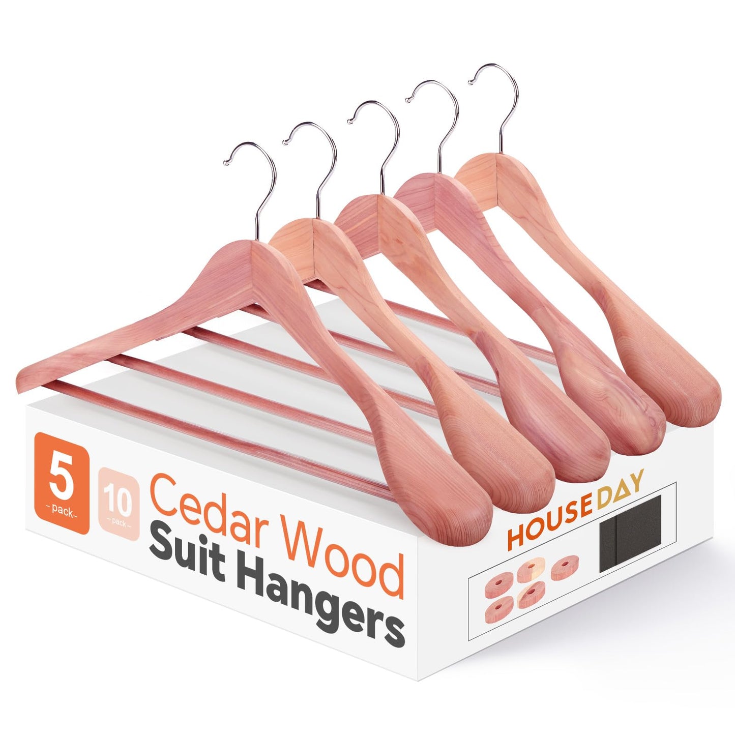 HOUSE DAY Wide Shoulder Cedar Hangers for Suits and Coats with Non Slip Pant Bar,360° Swivel Hook, Smooth Finish Cedar Wood Hangers for Closet, Closet Essentials, 5 Pack