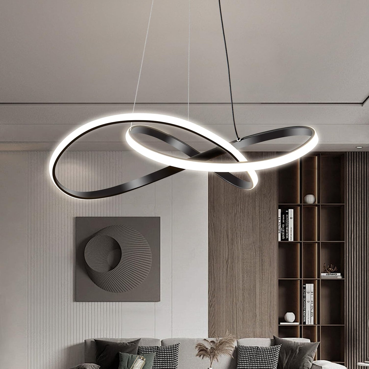 Viruhaka Modern LED Pendant Light Fixture，Black Contemporary Ceiling Hanging Fixture with Irregular Ring Lights for Dining Living Room Bedroom Kitchen Island Cafe（4000K，Neutral Light ）