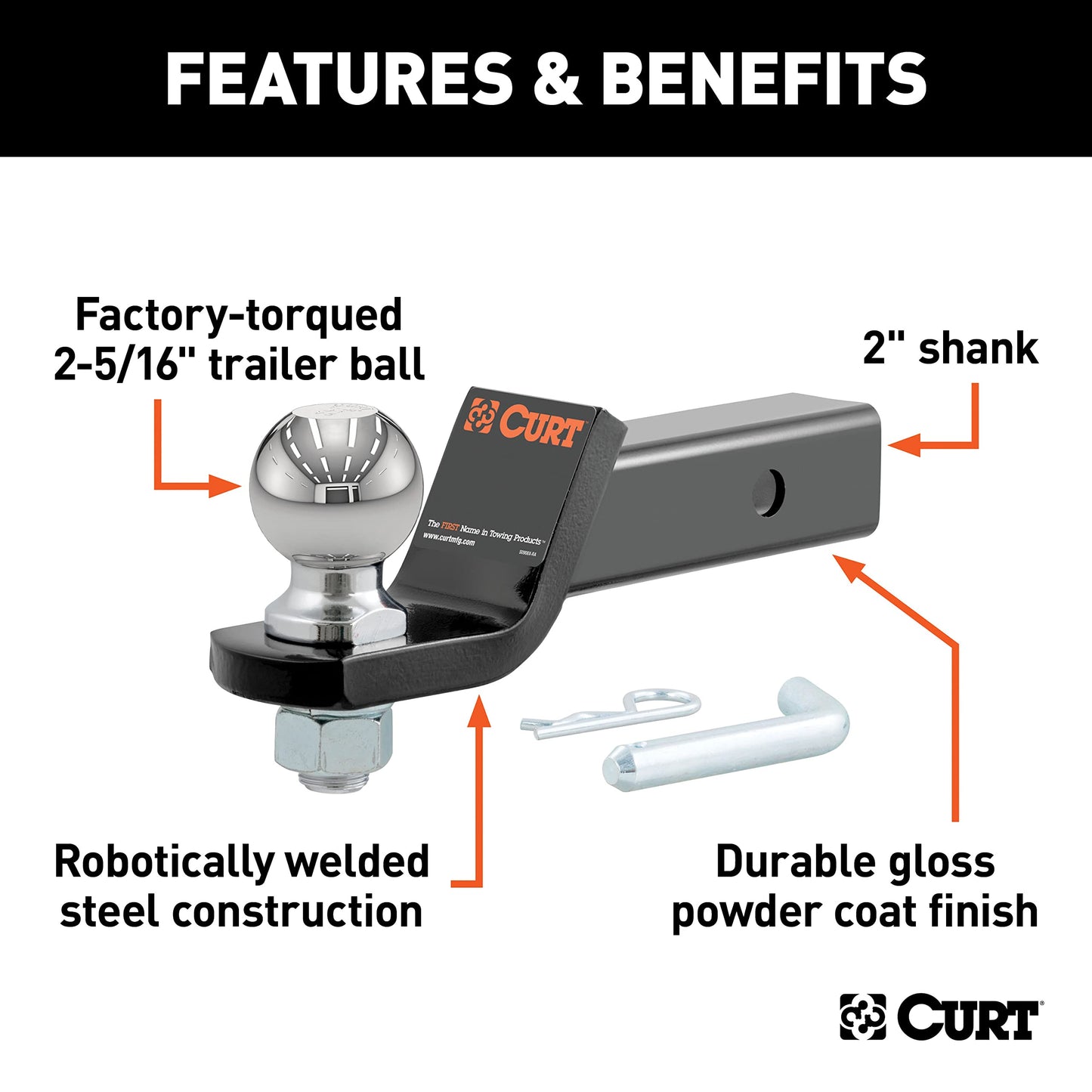 CURT 45041 Trailer Hitch Mount with 2-5/16-Inch Ball & Pin, Fits 2-Inch Receiver, 7,500 lbs, 2-In Drop, Gloss Black Powder Coat
