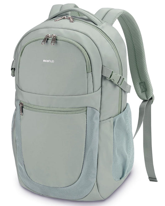 ECOHUB Travel Backpack for Women, 17.3 inch Suspended Laptop Backpack, Fashion Water-Resistant College Computer Bookbag, 28L Personal Item Bag with 12 Pockets for Causal, Work, Green