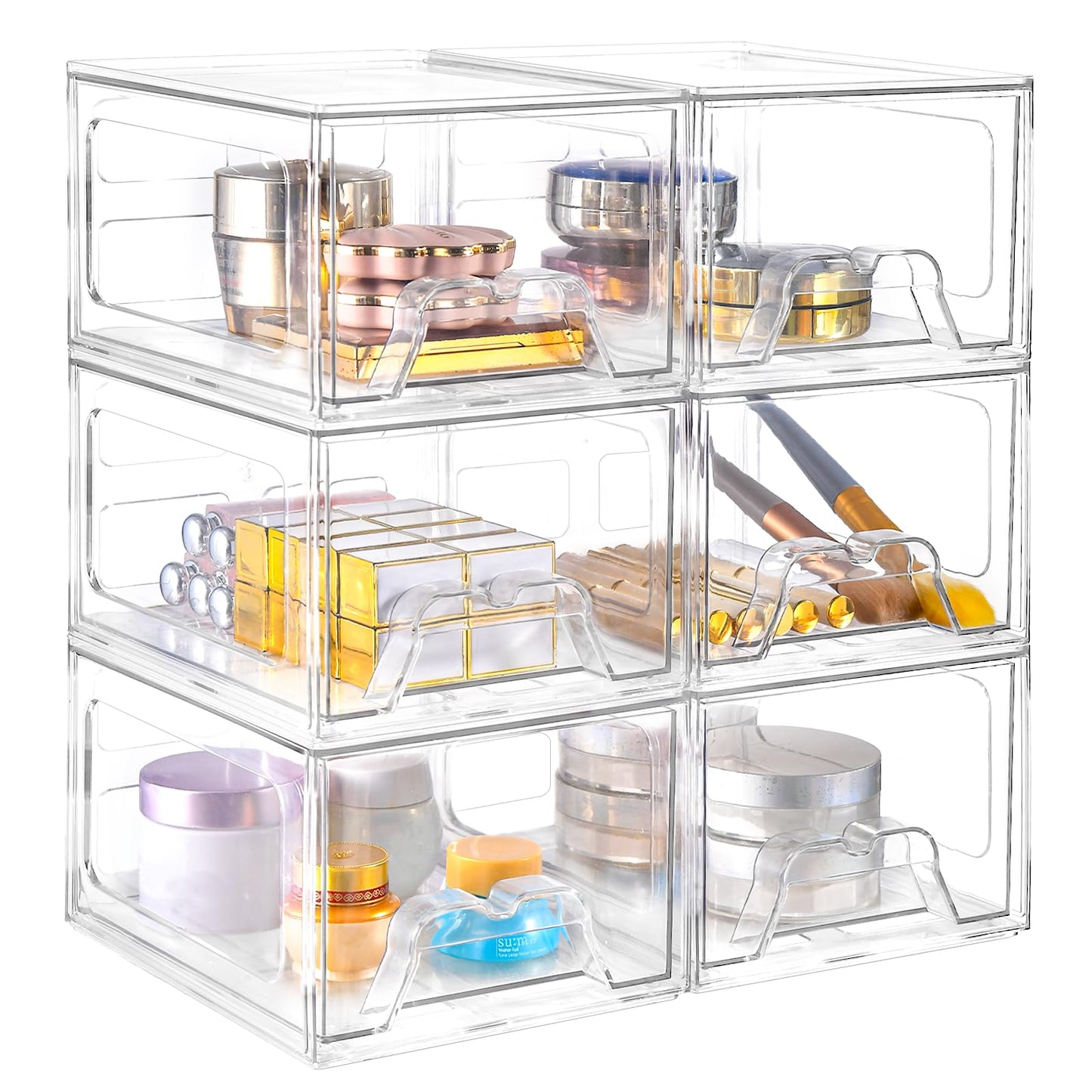 Stebopum 6 Pack Stackable Makeup Organizer, 4.4'' Tall Acrylic Bathroom Makeup Organizer and Storage Drawer with Pull-out Handle, Clear Plastic Storage Bins for Vanity,Pantry,Desk,Undersink,Kitchen