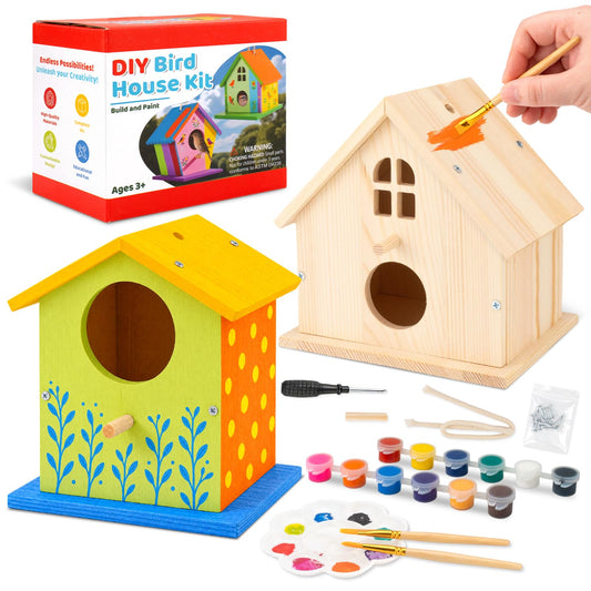 DoodleDoo 4 Pack Wooden DIY Birdhouse Kit, Art and Craft, Bird Houses Indoor Outdoor Painting Kit with Paint & Brushes for Kids Ages 6-12 Birthday Gift for Adults Boys Girls