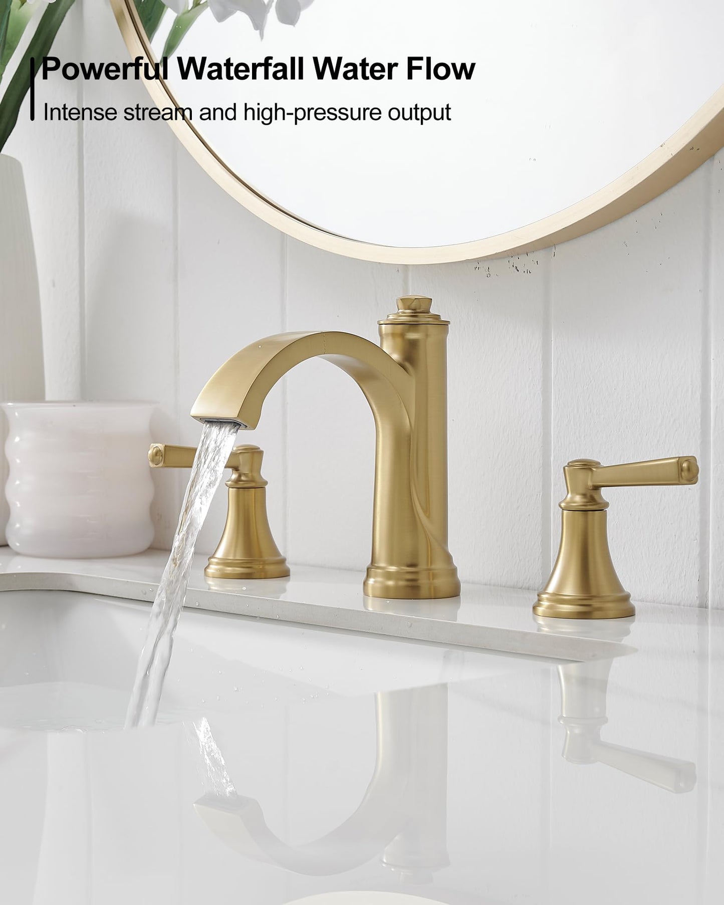 HEYMYTAP Brass Bathroom Waterfall Faucet, 4-16 Inch Brushed Gold Bathroom Faucet Widespread Bathroom Sink Faucet, 2 Handles Bathroom Faucets for Sink 3 Hole with Pop Up Drain, Water Hoses