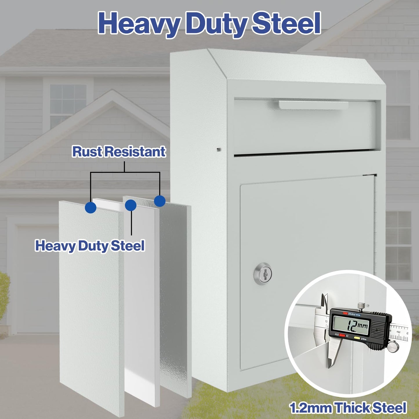 POCHAR Metal Wall Mount Locking Deposit Drop Box Safe - Heavy Duty Lock Box for Keys, Rent, Checks, Money, and Mail Envelopes (9.75” x 4.25” x 14.75”) (White)