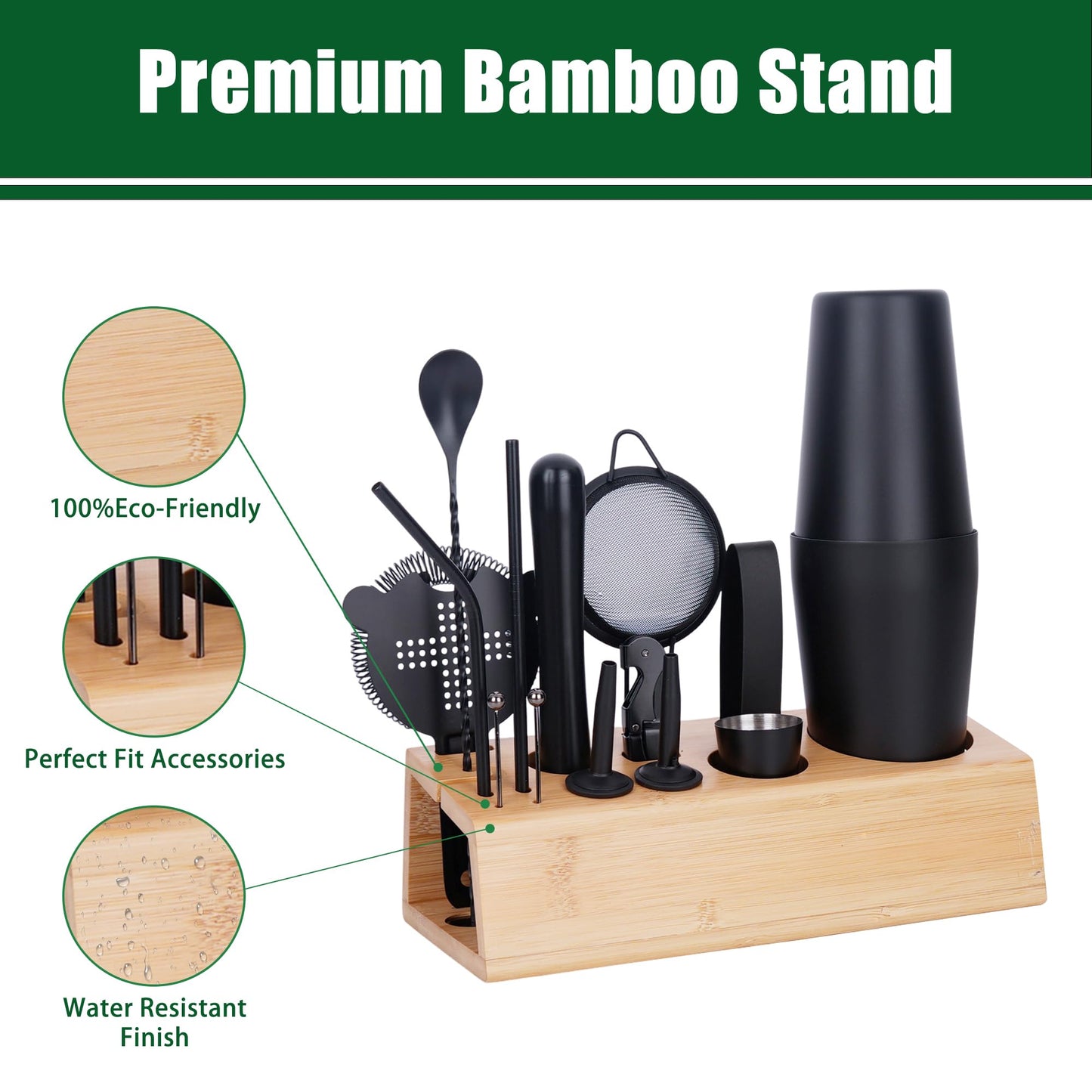 JWJIUEJIU Cocktail Shaker Set, 15-Piece Boston Shaker Bartender Kit, Bar Set Accessories, Professional Bartending Kit Home Black Bar Tools Set with Recipes Booklet (Matte Black, Wood Stand)