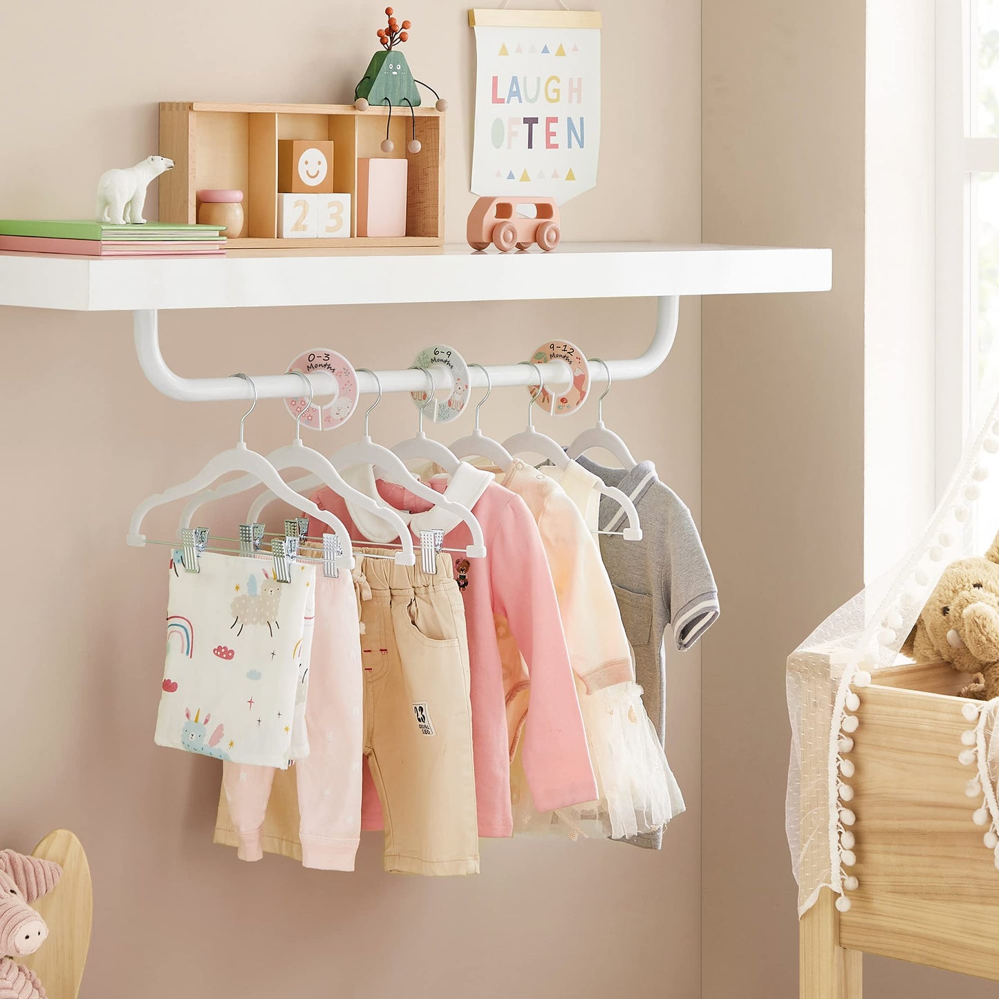 SONGMICS 30 Packs Baby Pants Hangers with Clips, Kids Hangers with 6 Clothes Dividers, Non-Slip Children’s Clothes Hanger, White UCRF013W30