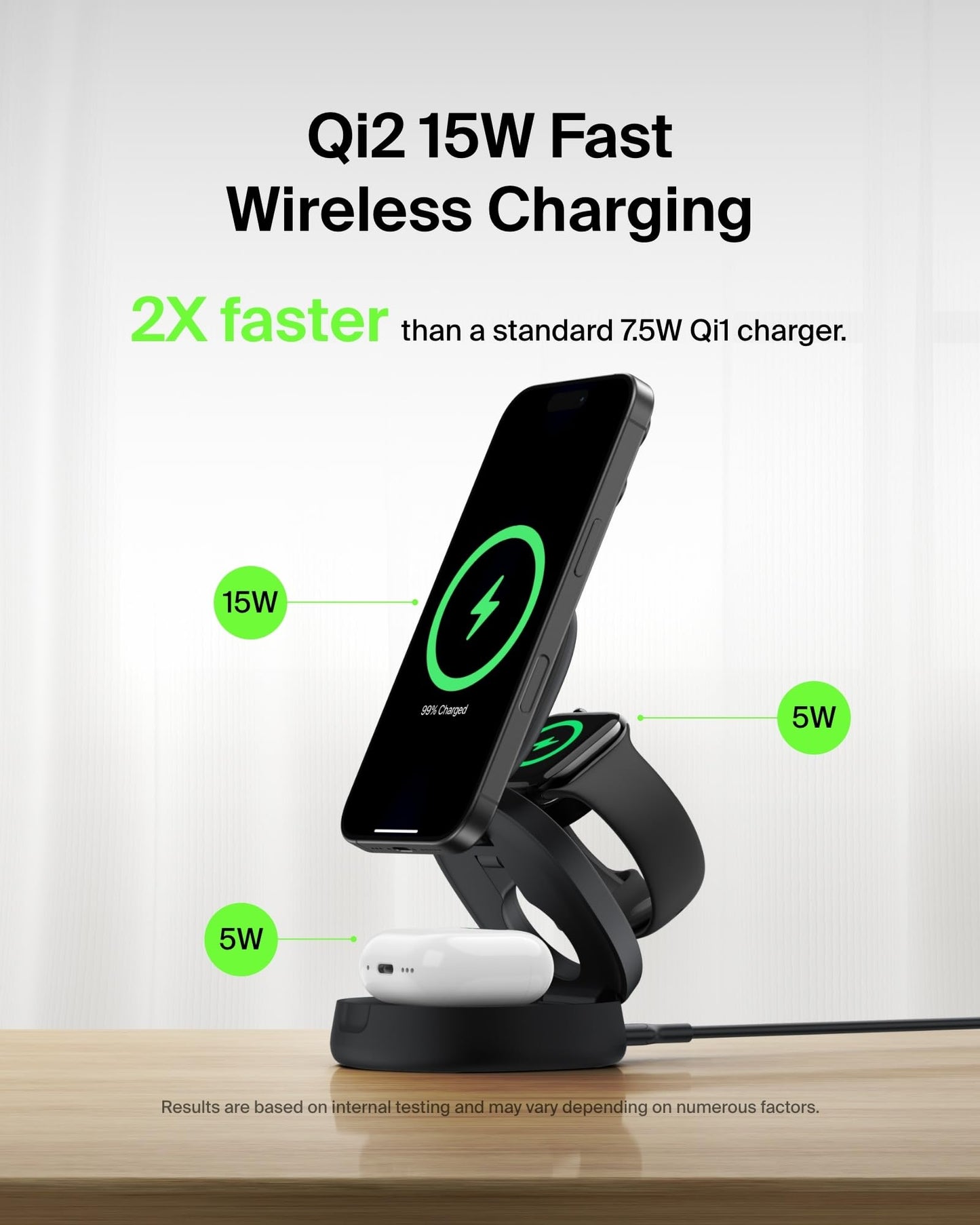 Belkin MagSafe Charger Compatible, 3-in-1 Qi2 15W Wireless Charging Station, Convertible Wireless Charger for iPhone 17, Apple Watch, AirPods, Pixel 10, Phone Stand for Travel w/ 36W Adapter - Black
