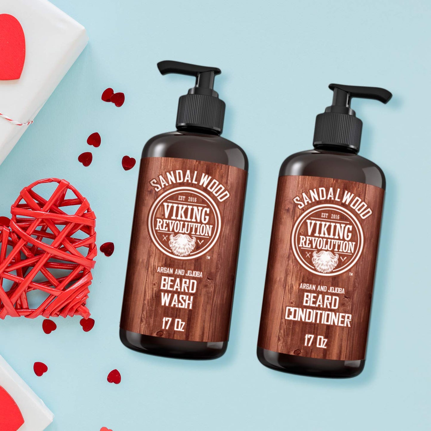 Viking Revolution Beard Wash & Beard Conditioner Set with Argan & Jojoba Oils - Softens and Strengthens - Natural Sandalwood Scent - Beard Shampoo with Beard Oil (17 oz)