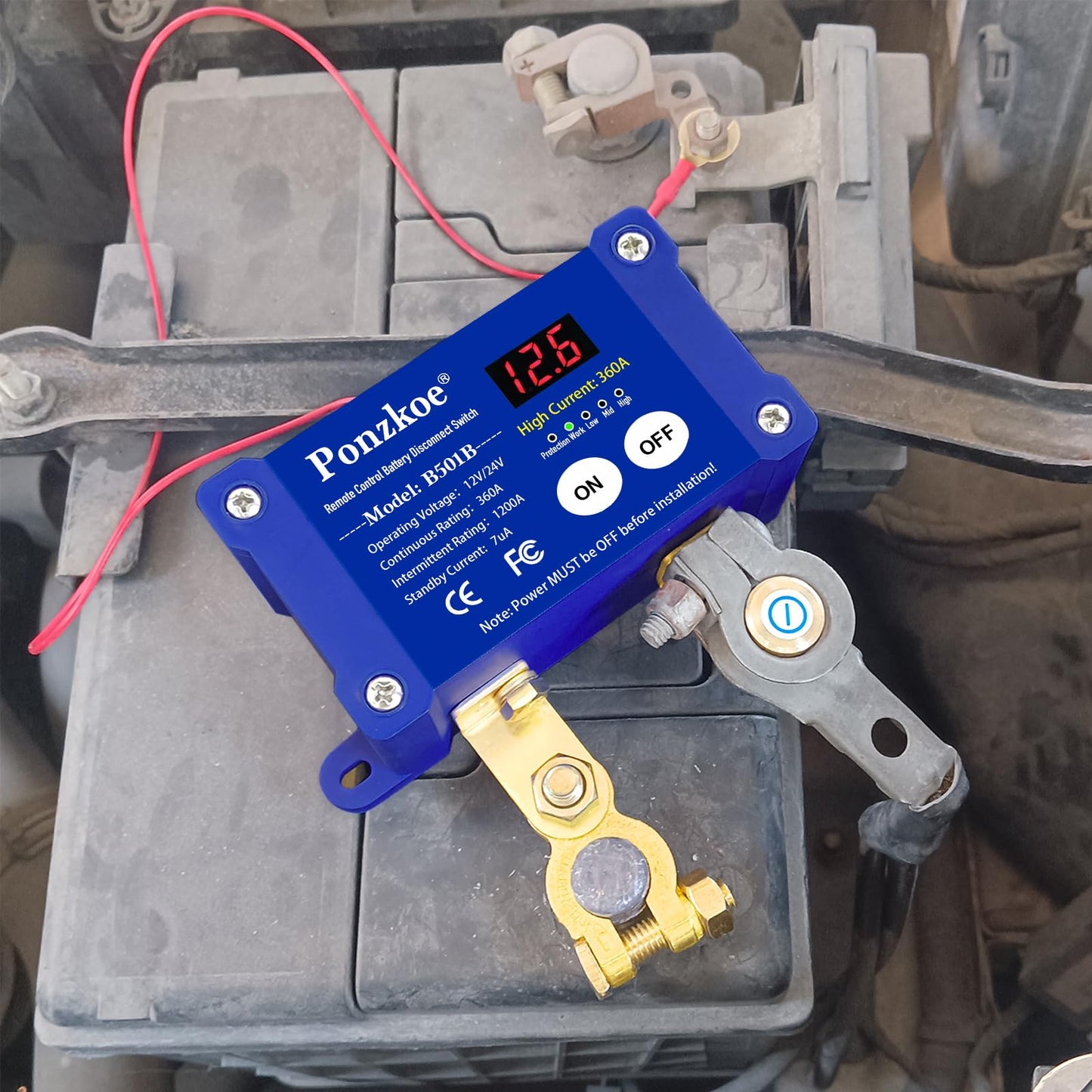 360A Remote Car Battery Disconnect Switch with LED Voltage Display - 12V 24V Kill Switch for Marine Boat RV Truck Vehicles ATV, Heavy Duty Anti-Theft Power Cutoff & ON/Off Isolator(Negative Terminal)