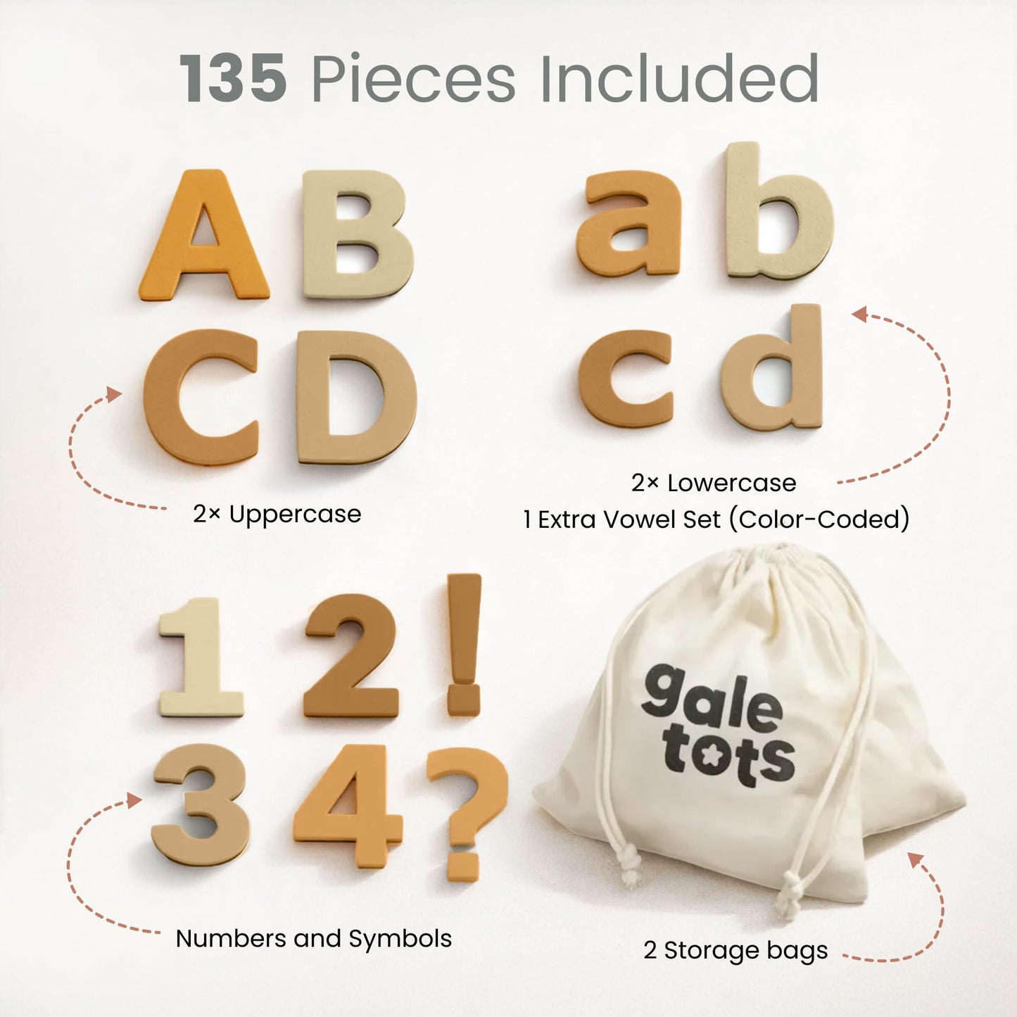 Gale Tots Magnetic Letters and Numbers -135 Pcs Alphabet Magnets in Aesthetic Colors - Alphabet Learning for Toddlers - Fridge Magnets for Toddlers - Educational Aesthetic Neutral Toys (Boho Neutrals)