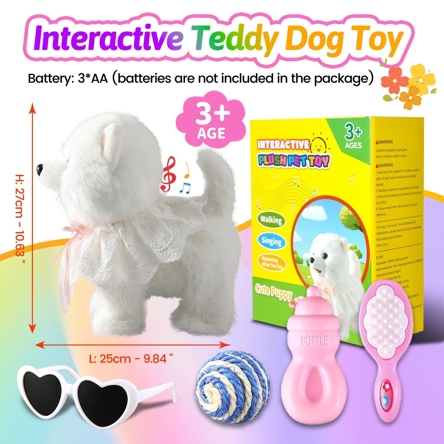 Walking Barking Singing Samoyed Puppy Toy, Repeats What You Say, Realistic Licking Tongue Wagging Tail Mechanical Dog with Touch or Voice Control, Interactive Music Dancing Plush Pet for Kids
