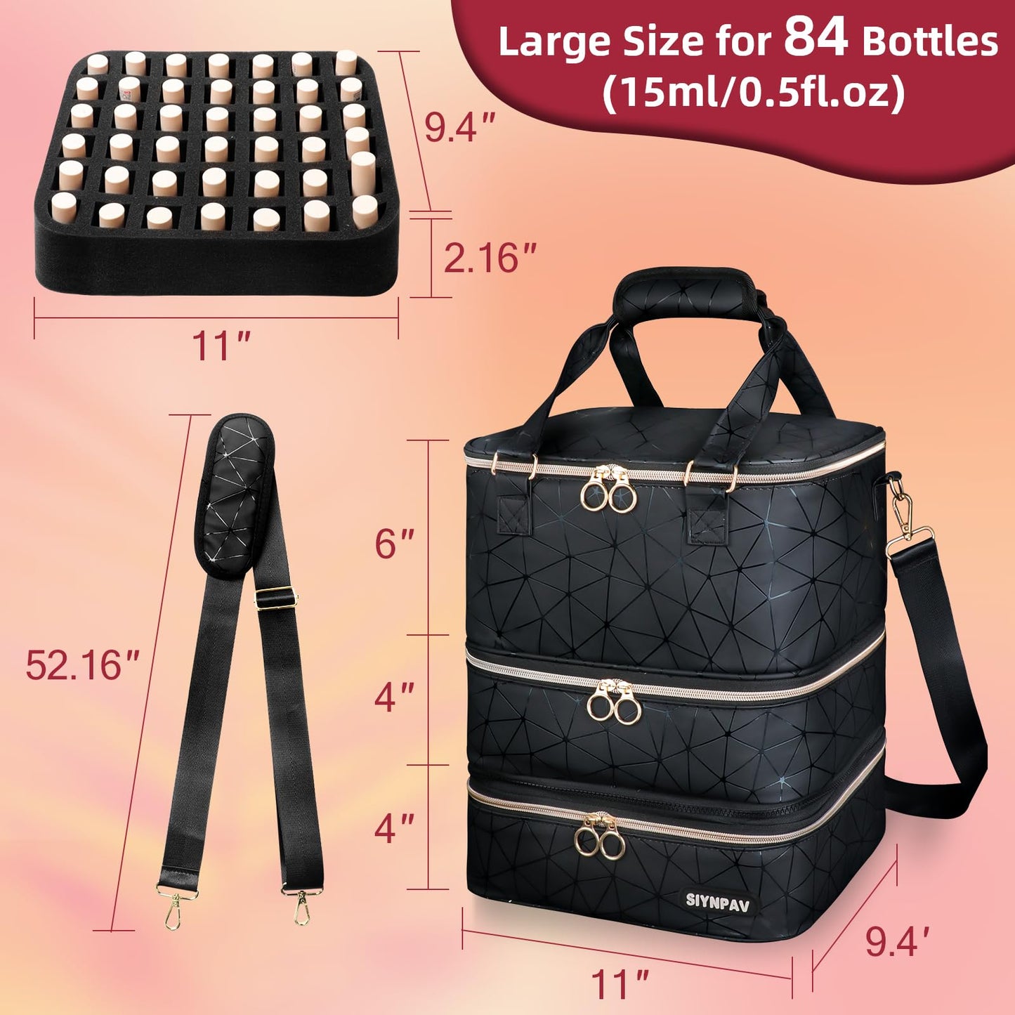 SIYNPAV Nail Polish Organizer Bag Holds 84 Bottles (15ml/0.5fl.oz)& Nail Lamp, 3 Layers Detachable Nail Kit Storage Case PU Leather, Large Travel Nail Supplies Shoulder Bag for Manicure Tools (Black)