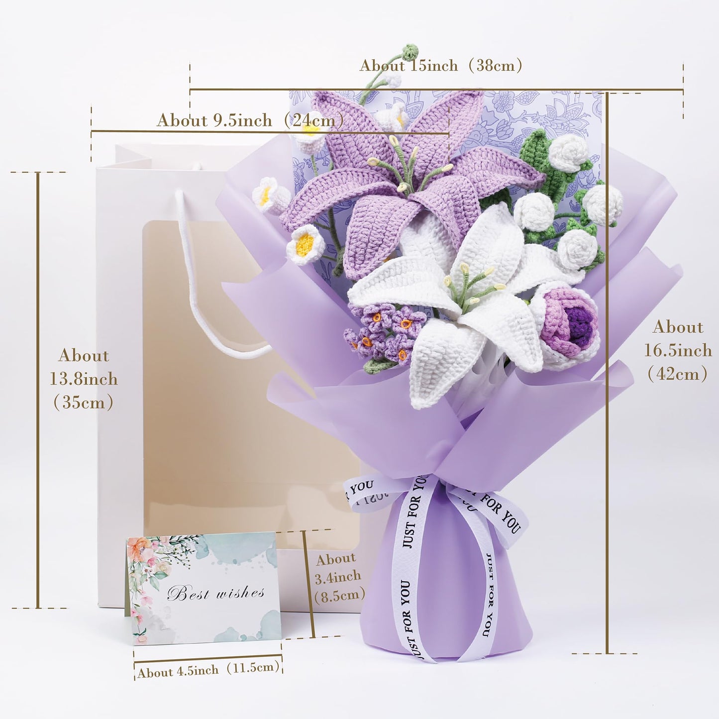 EZsenses Crochet Flower Bouquet, Handmade Knitted Lily Faux Crochet Flowers for Home Decor Valentines Day Anniversary Weddings Birthdays Mother’s Day, Includes Gift Bag and Greeting Card (Lily)