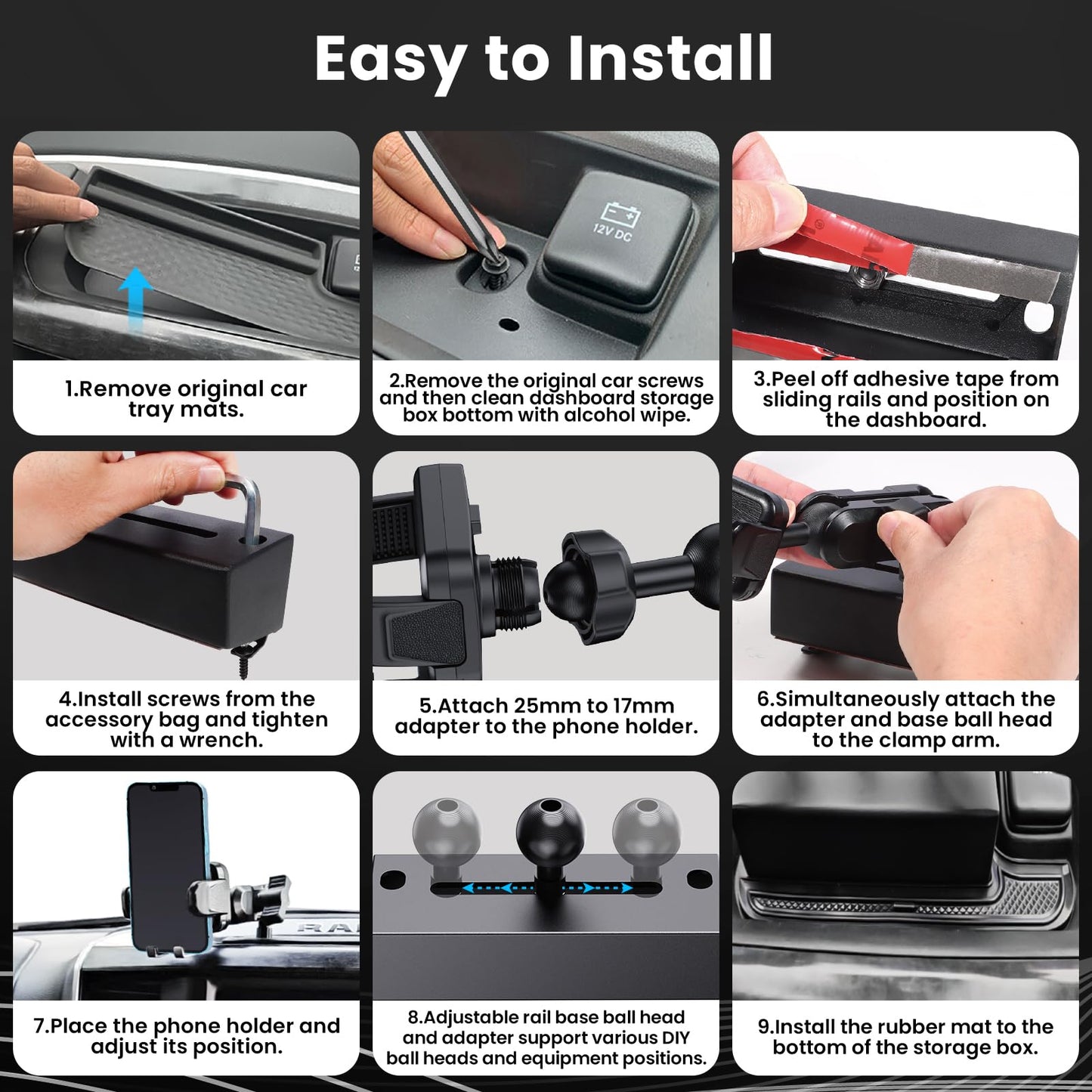 Kaishengyuan Upgraded Metal Phone Mount for Ram Truck 2019+, Dash Mount Cell Phone Holder Compatible with Dodge RAM 1500/2500/3500 & TRX, 360° Adjustable Adapter Phone Stand Fit for Most Smartphones