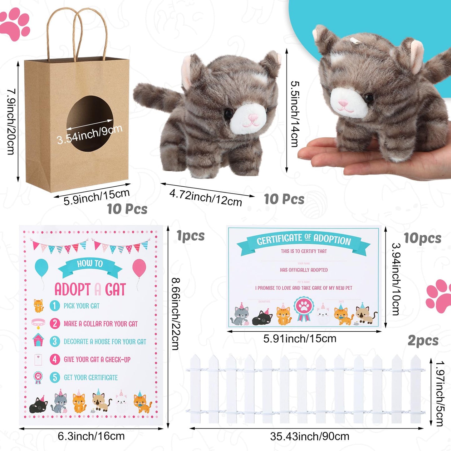 Jenaai 33 Pcs Adopt a Pet Cat Party Favors Mini Kitten Stuffed Animals Set Includes 10 Small Cat Stuffed Animals 2 Plastic Fence 1 Sign 10 Cards 10 Kraft Bag for Adopt a Pet Party Birthday Gifts